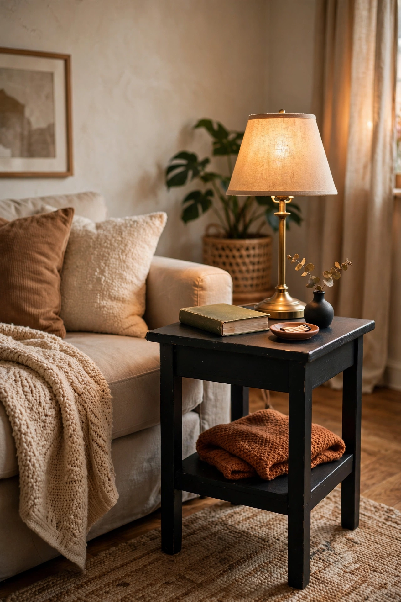 Thrift store side table painted matte black in a small apartment living room
