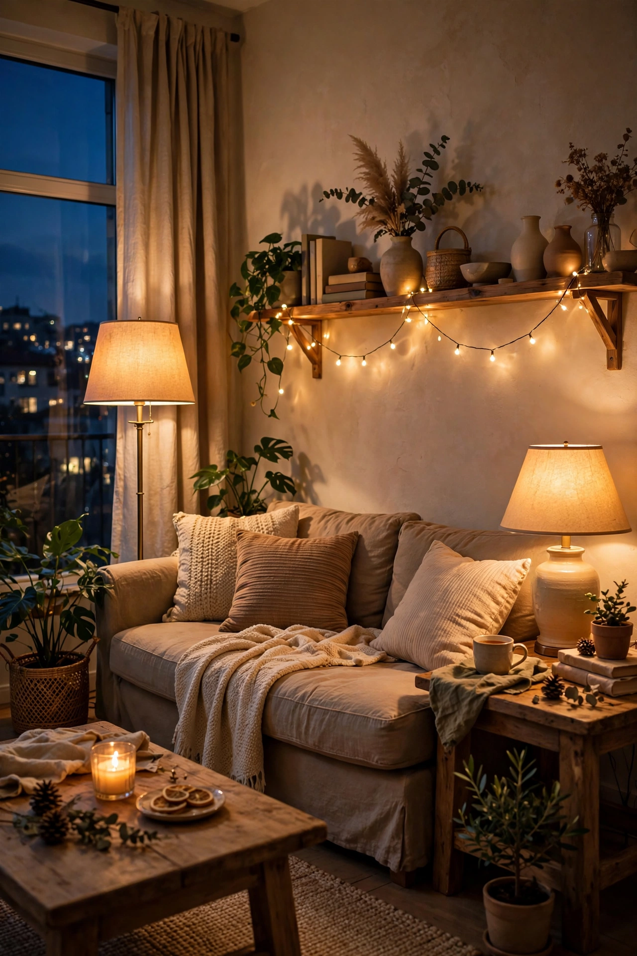 Layered lighting trio in a small apartment living room: floor lamp, table lamp, fairy lights