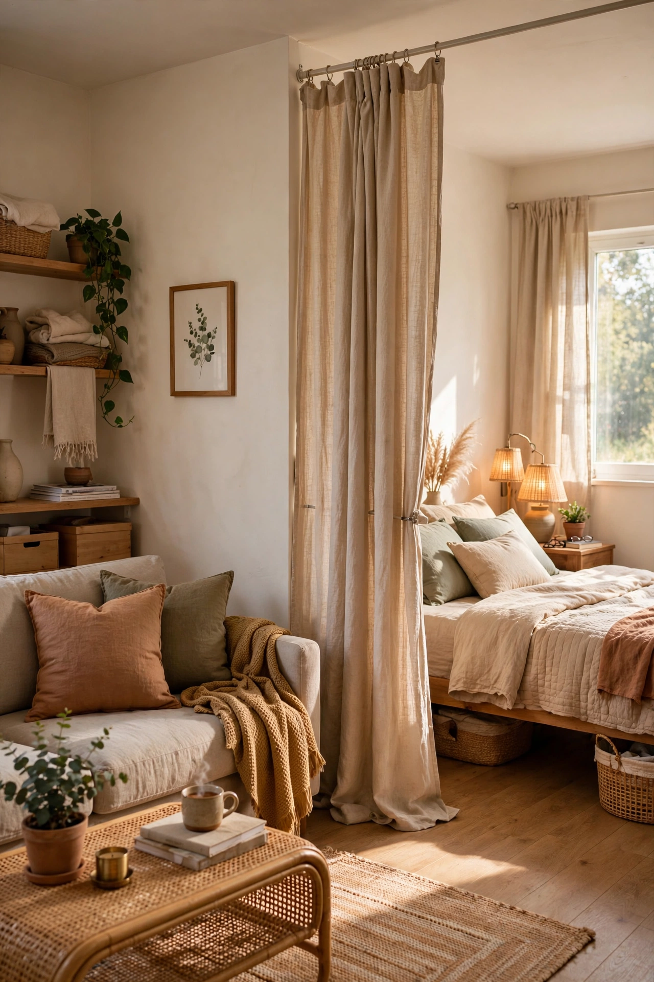 Studio apartment idea: tension rod with curtains dividing living and sleeping zones