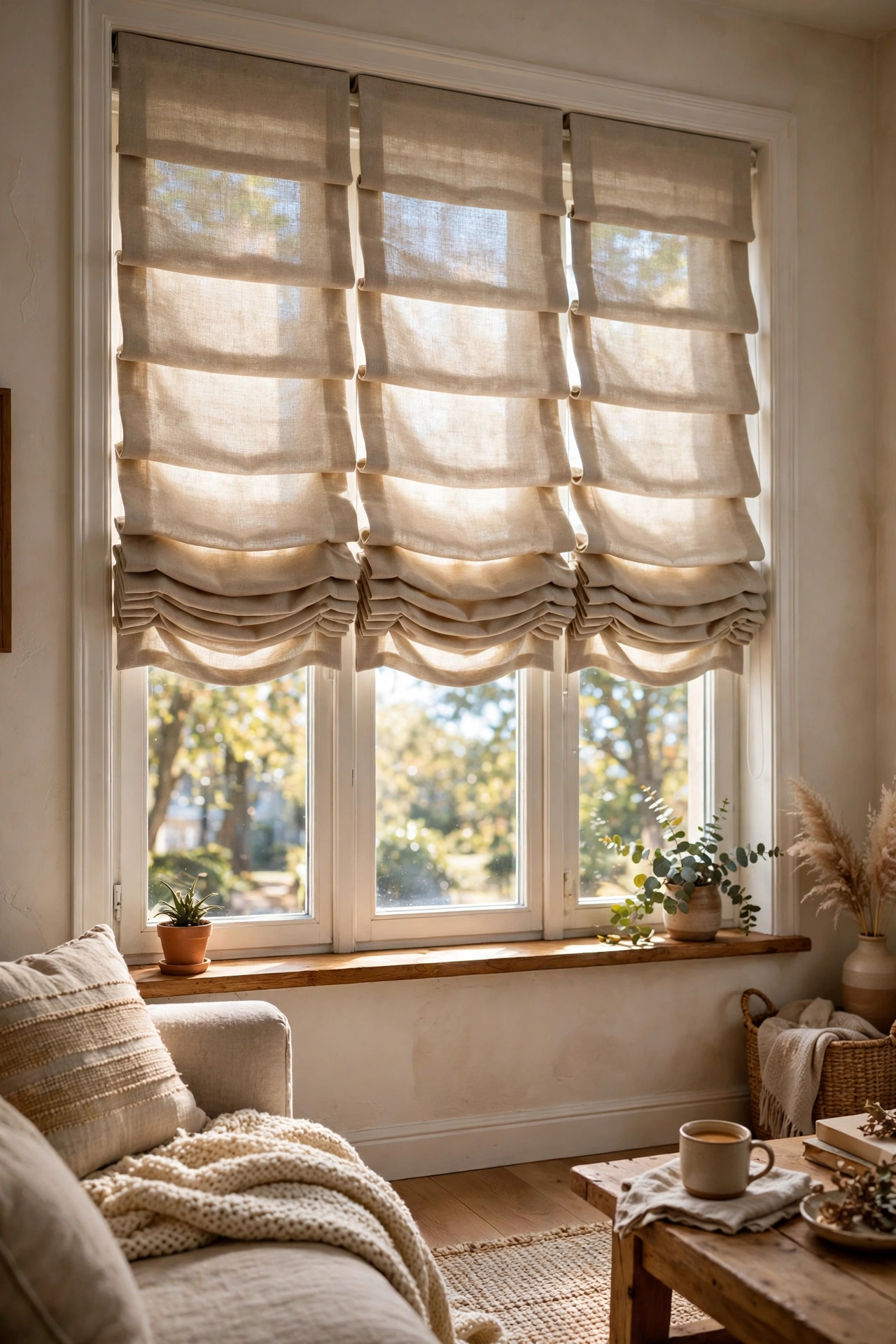DIY no-sew roman shades made from mini blinds and fabric in an apartment