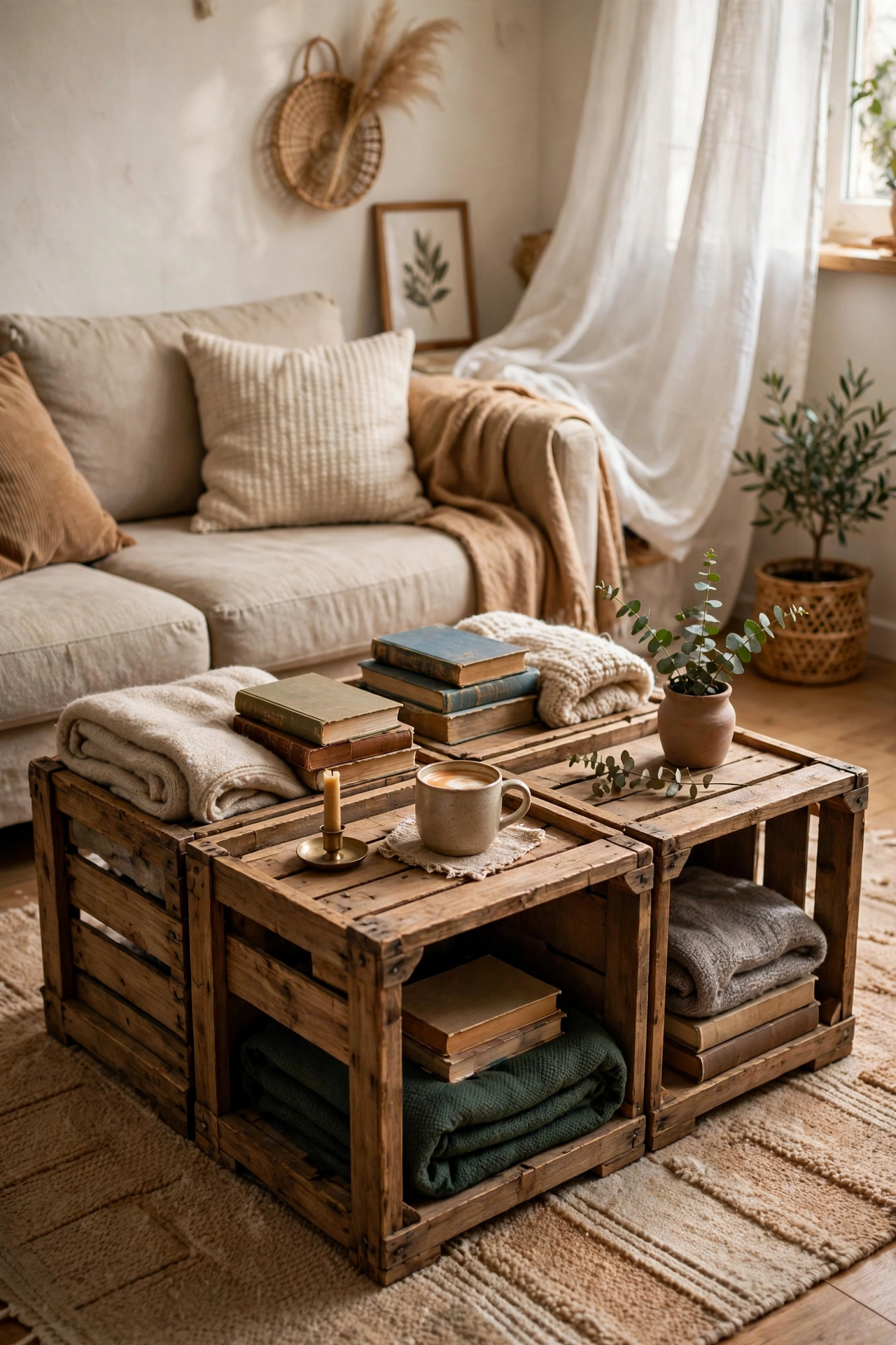 Coffee table built from four wooden crates with cubby storage in a small living room