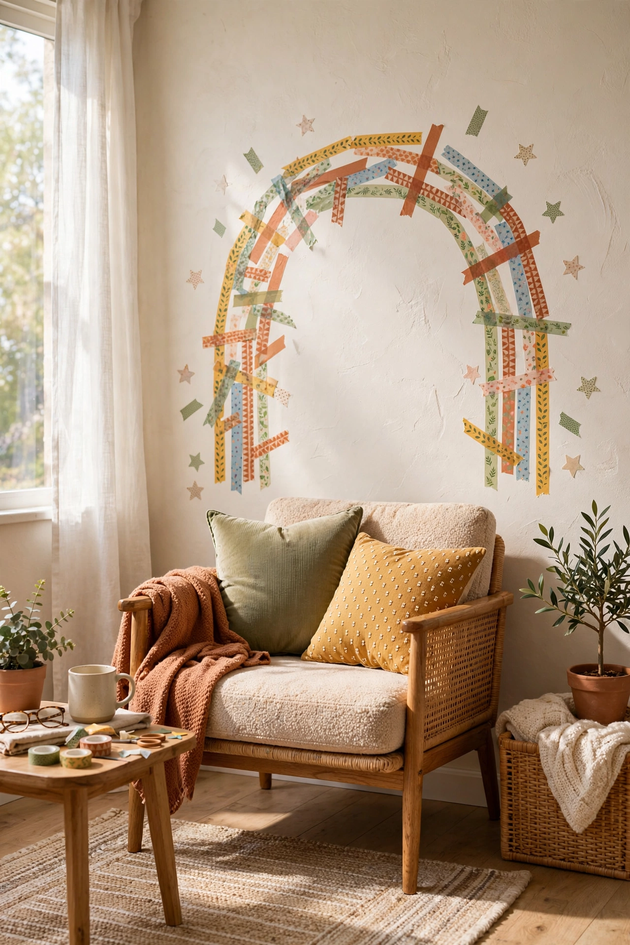 Washi tape arch wall design behind a reading chair in a rental living room