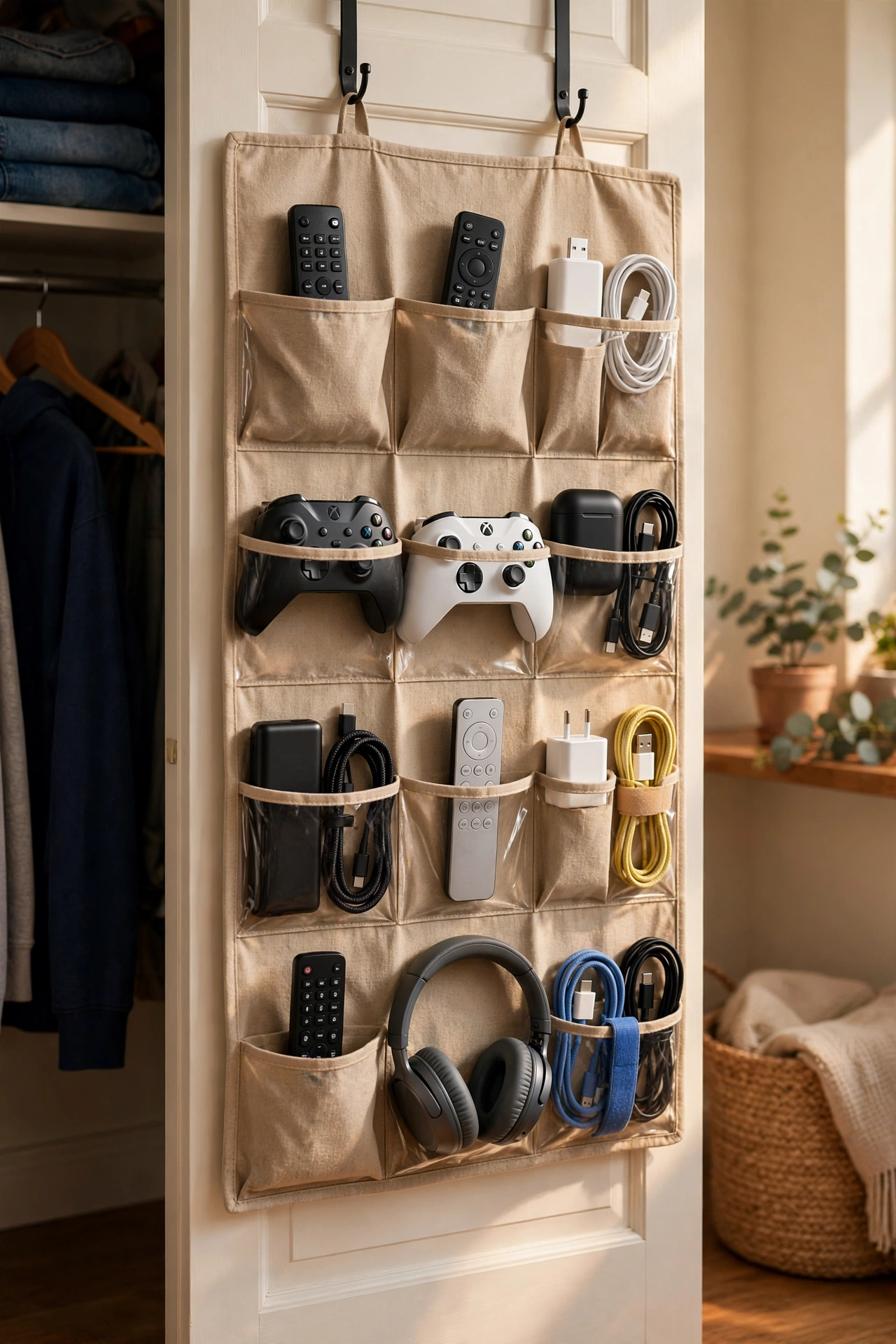 Over-the-door organizer holding remotes and chargers inside a closet near the living room
