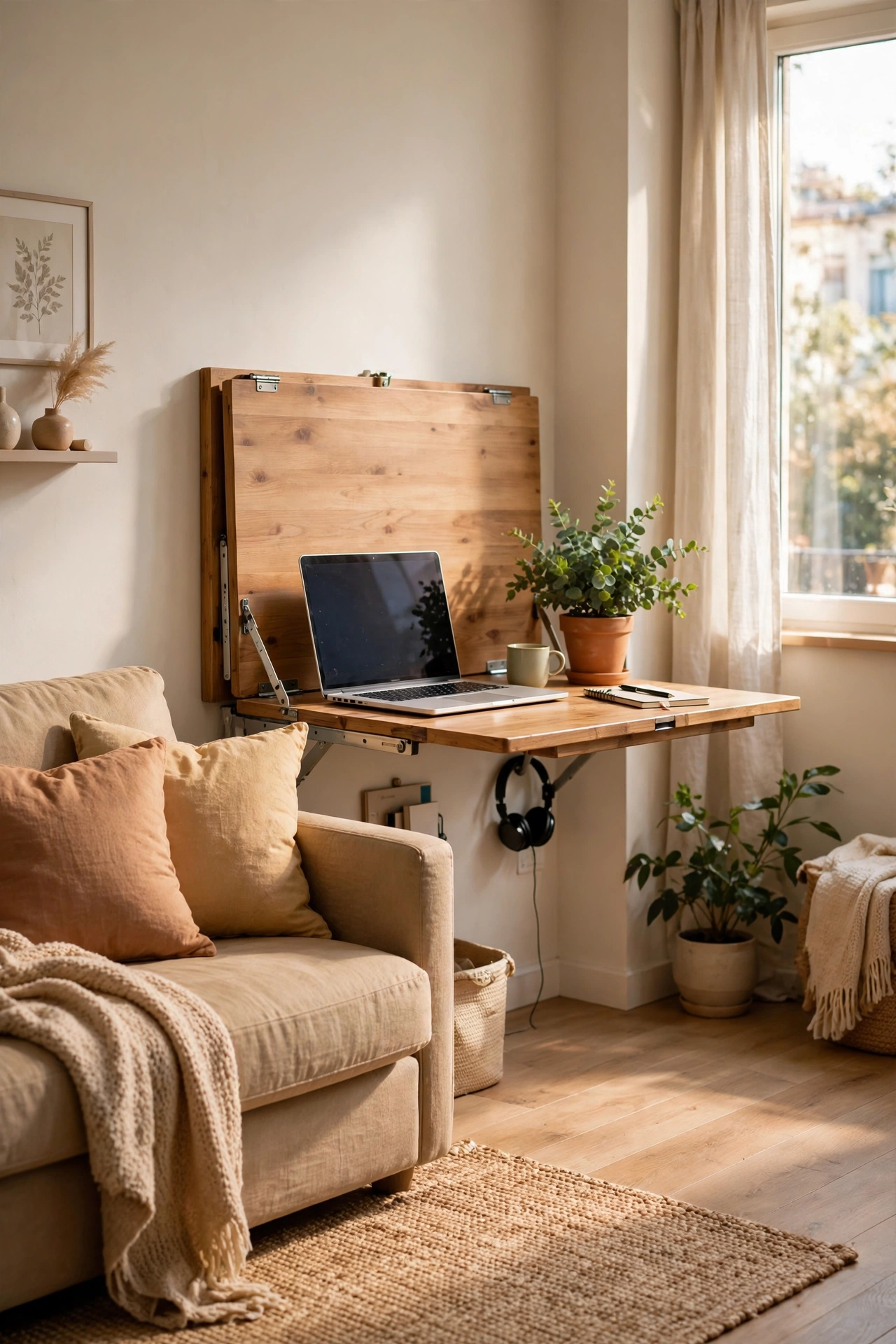 Fold-down wall desk in a small apartment living room used as a workspace