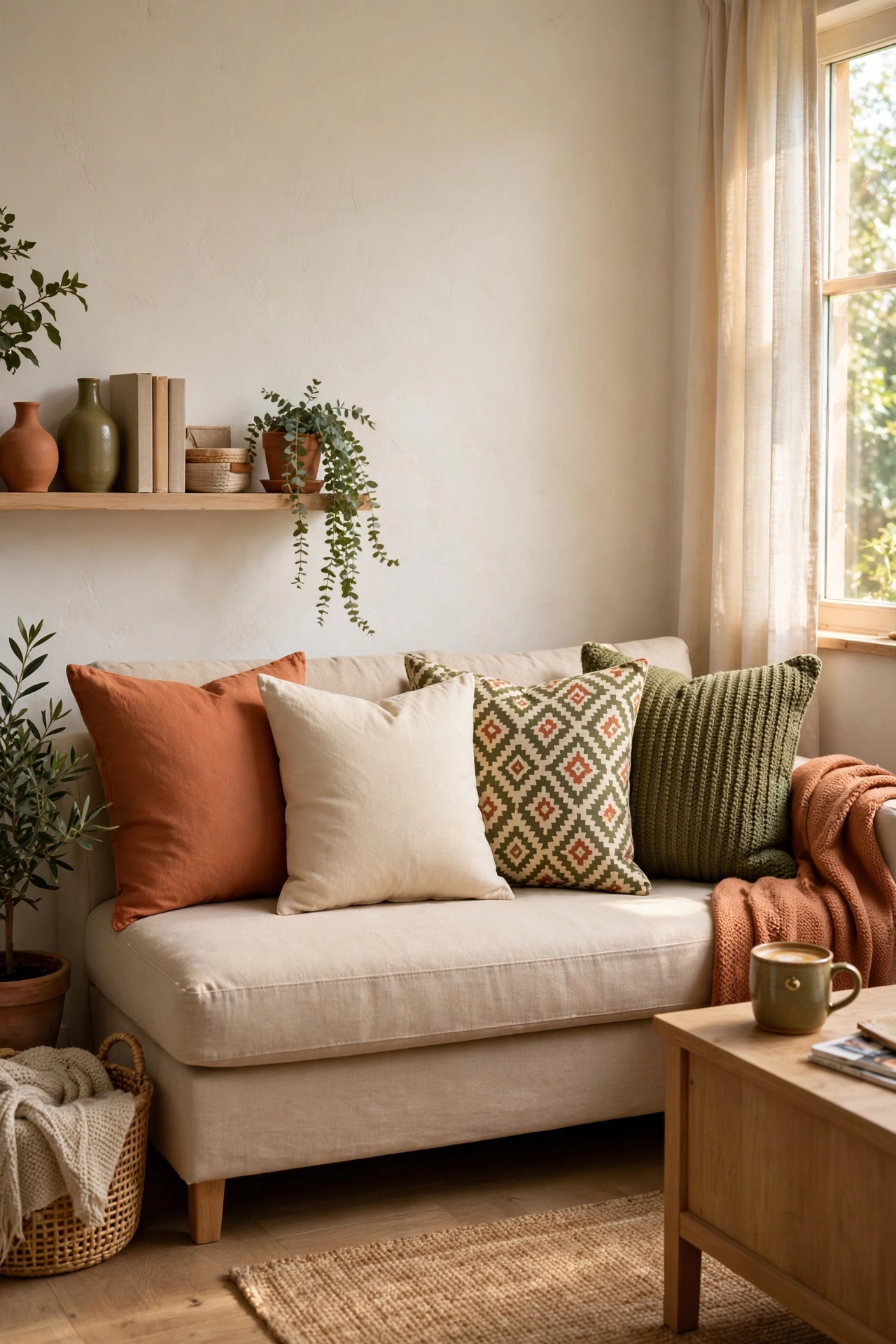 Coordinated throw pillows in a two-solid one-pattern one-texture formula on a sofa