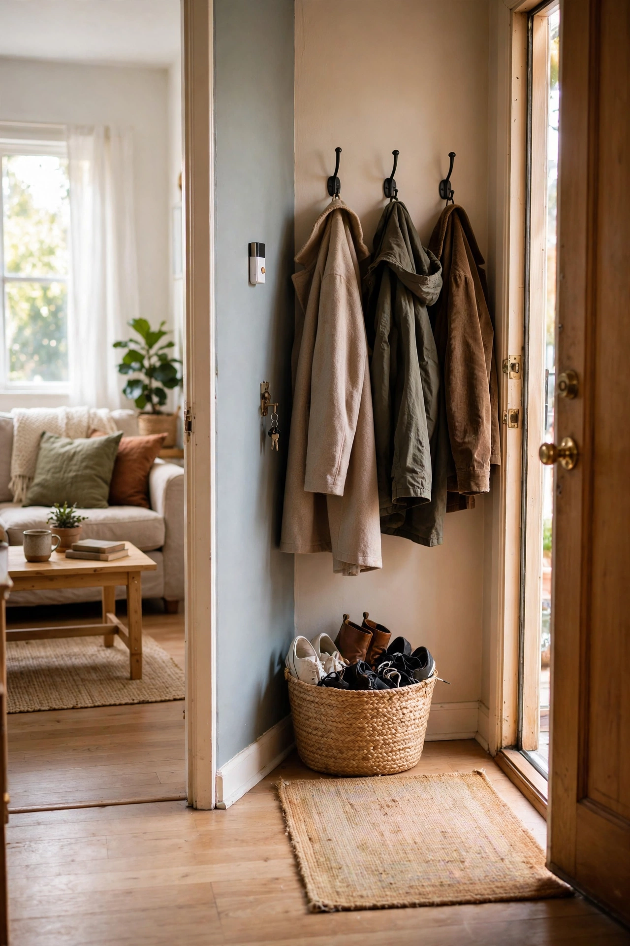 Tiny apartment entryway drop zone with hooks, basket and rug by the front door