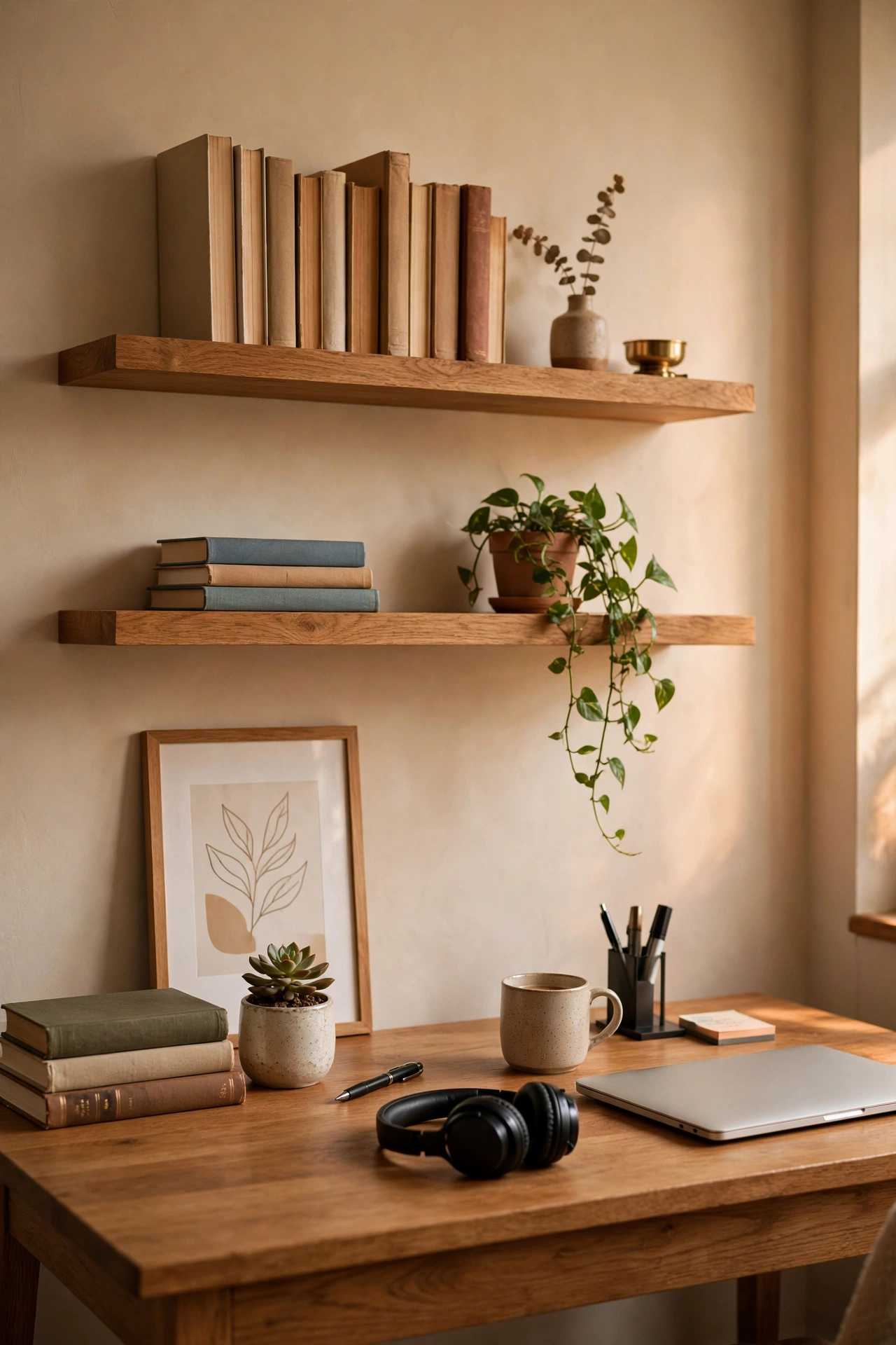 Floating shelves styled with books plant and print above a desk