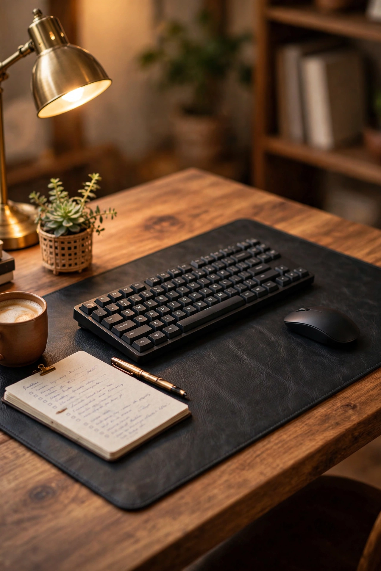Dark faux leather desk mat under a keyboard and mouse
