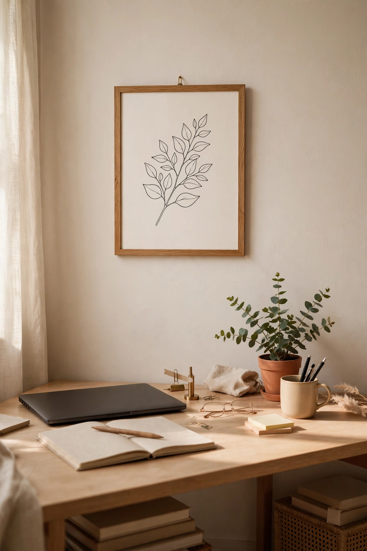 Framed line-art print hung as a video call background