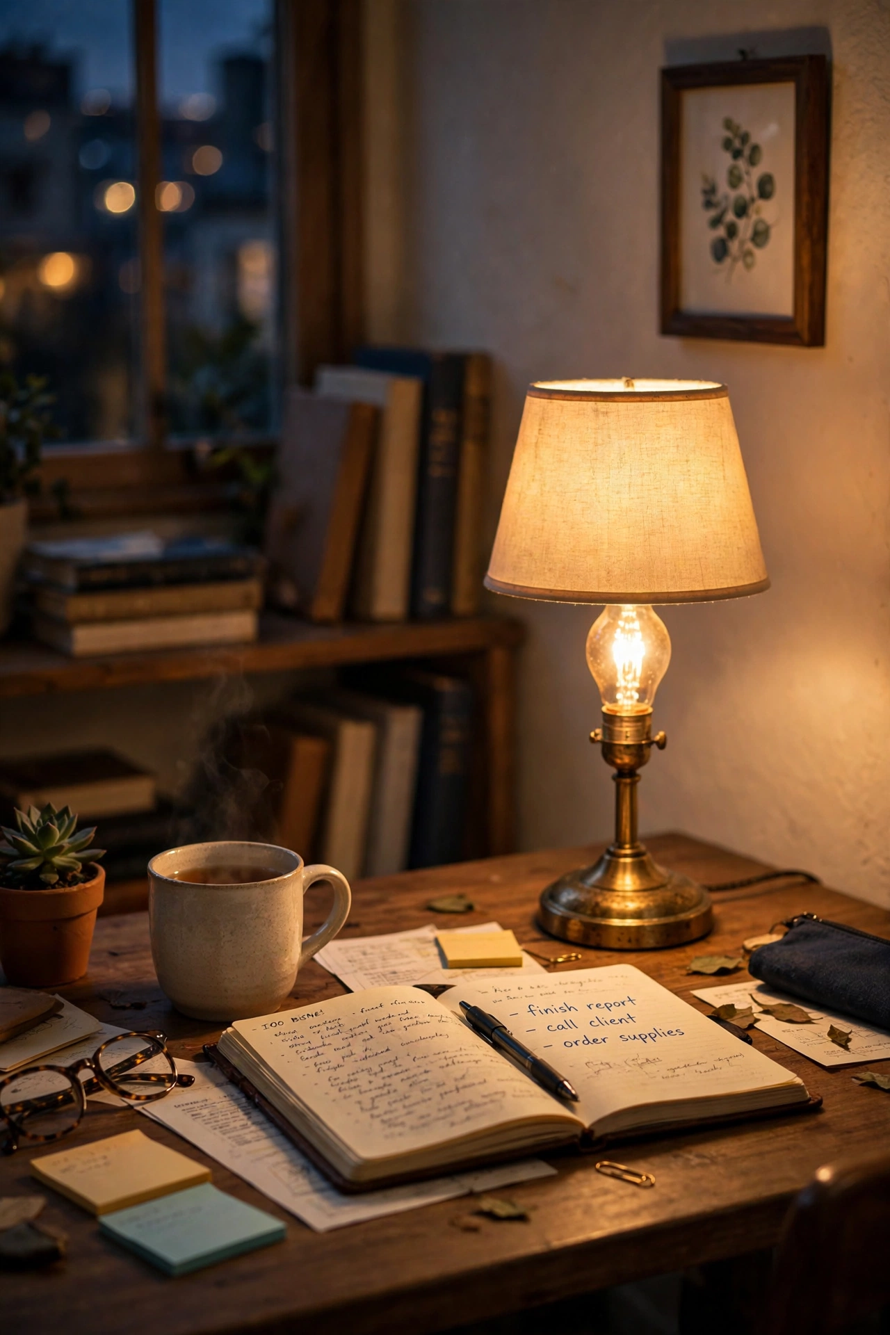 Small brass-tone table lamp glowing on a desk in the evening