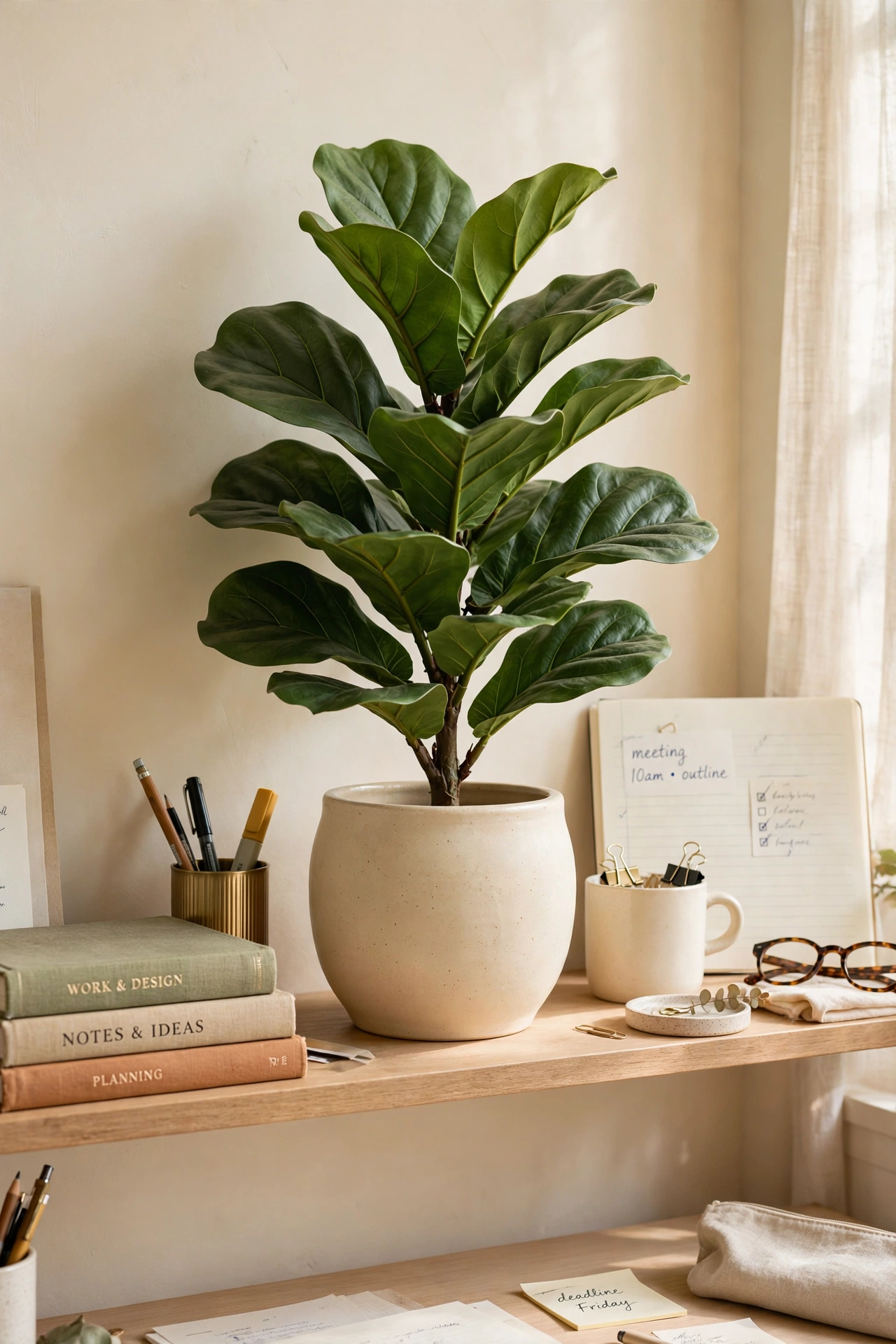 Sculptural faux fiddle-leaf plant in a ceramic pot on a shelf