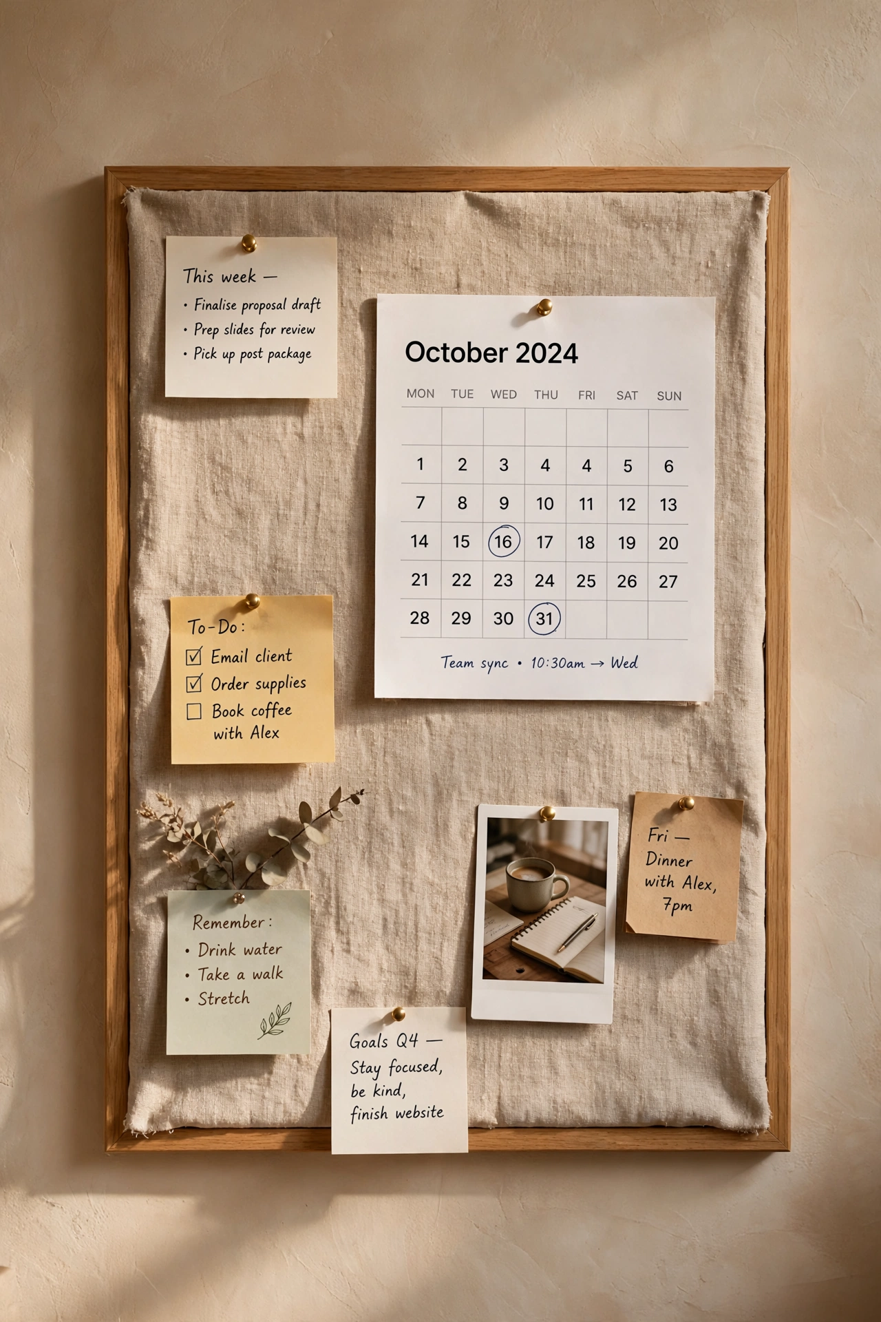 Cork board covered in linen fabric with pinned notes