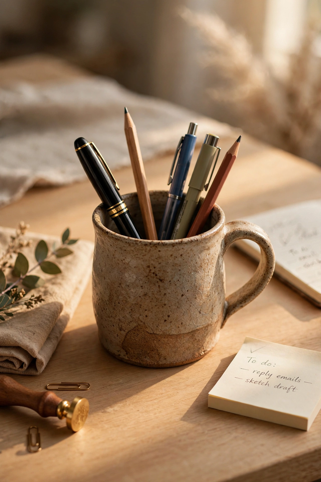 Stoneware ceramic mug holding pens on a desk