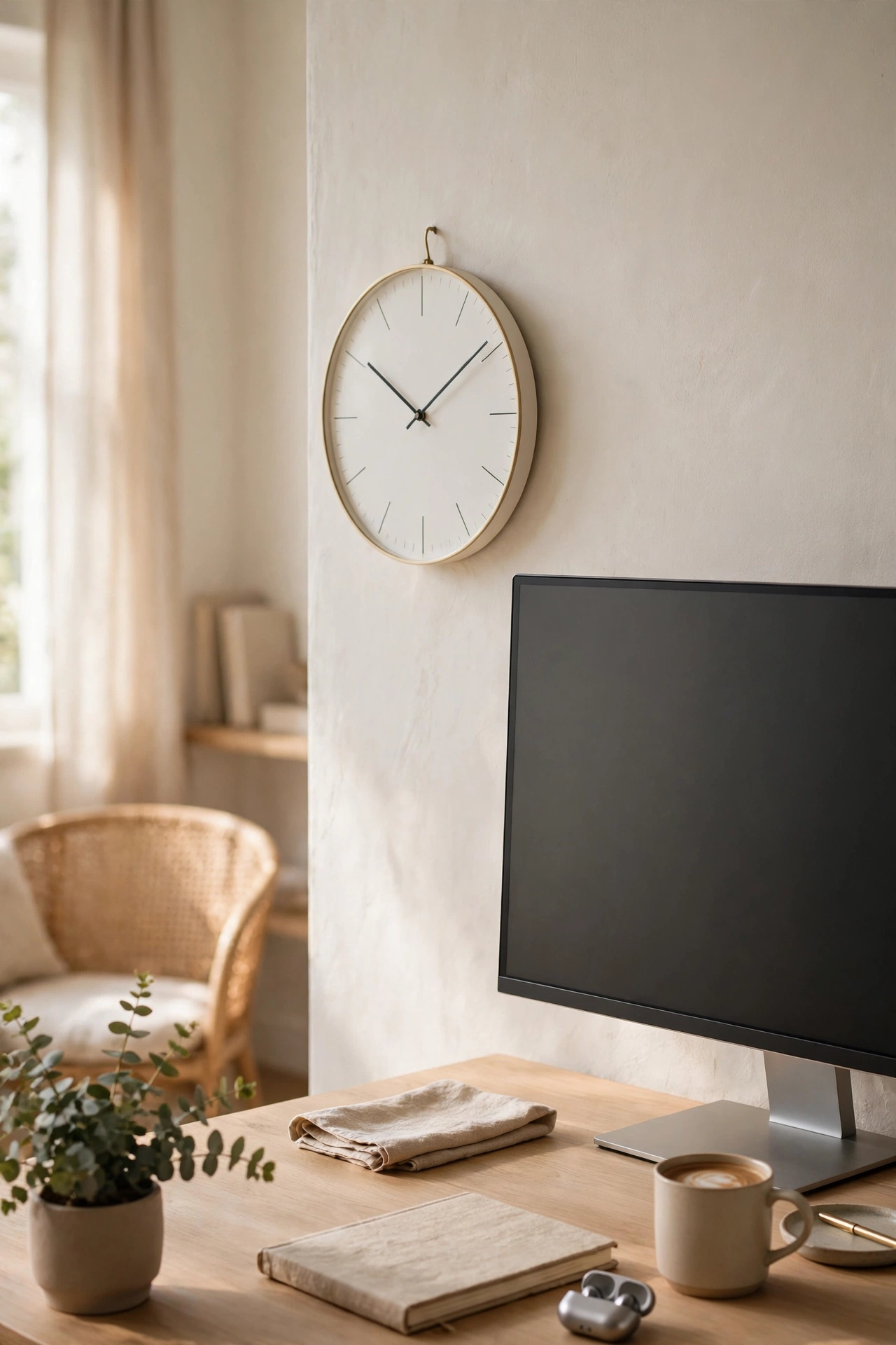Minimalist wall clock with a clean face beside a monitor