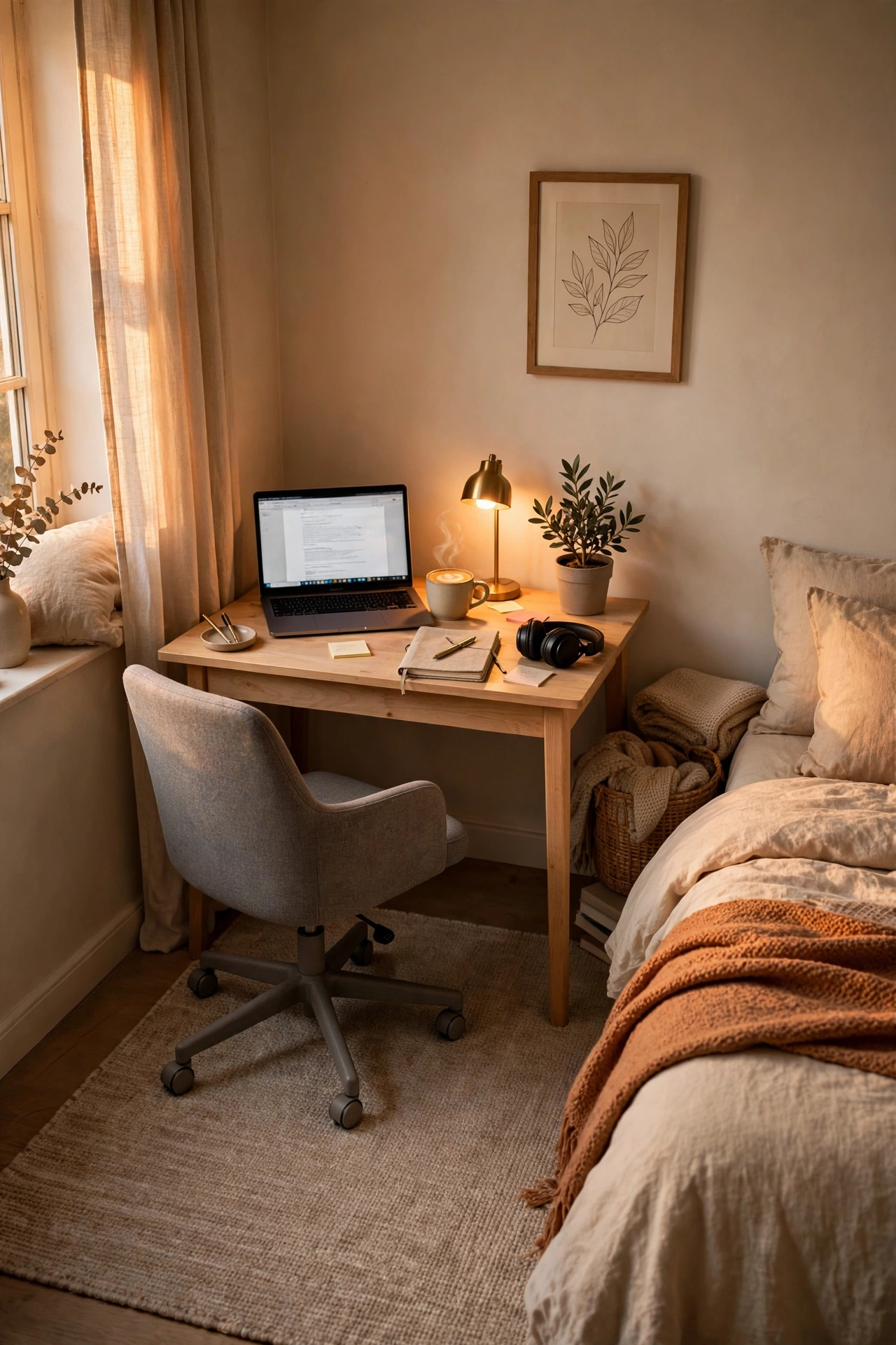 Low-pile rug under a desk chair defining an office zone