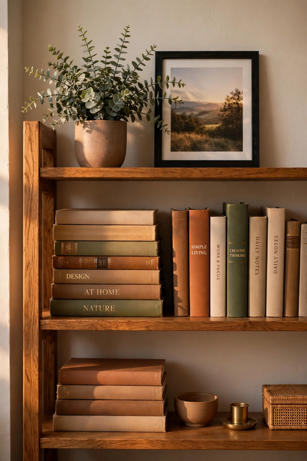 Deliberately styled bookshelf in a home office background