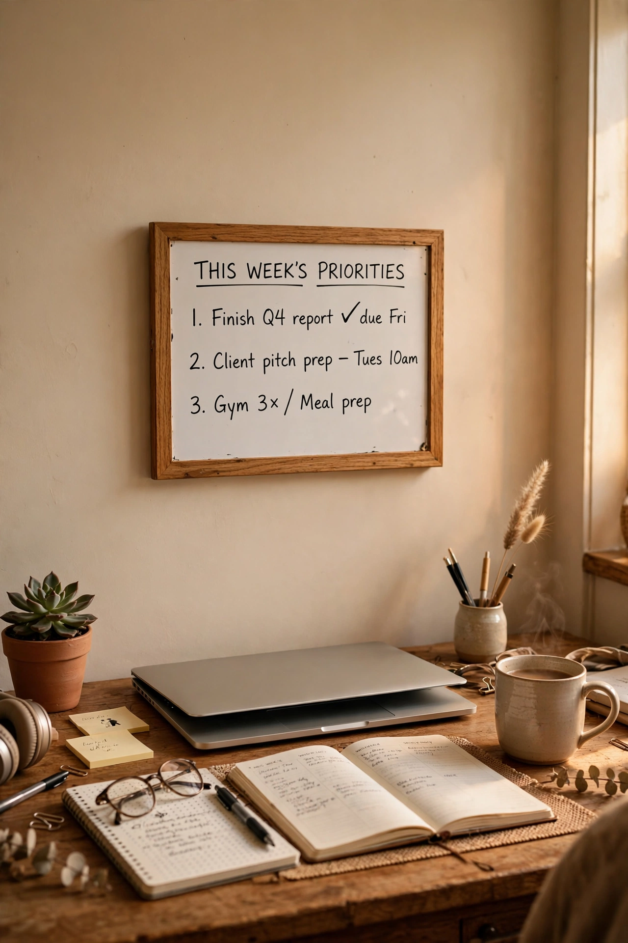 Framed weekly task board with three priorities