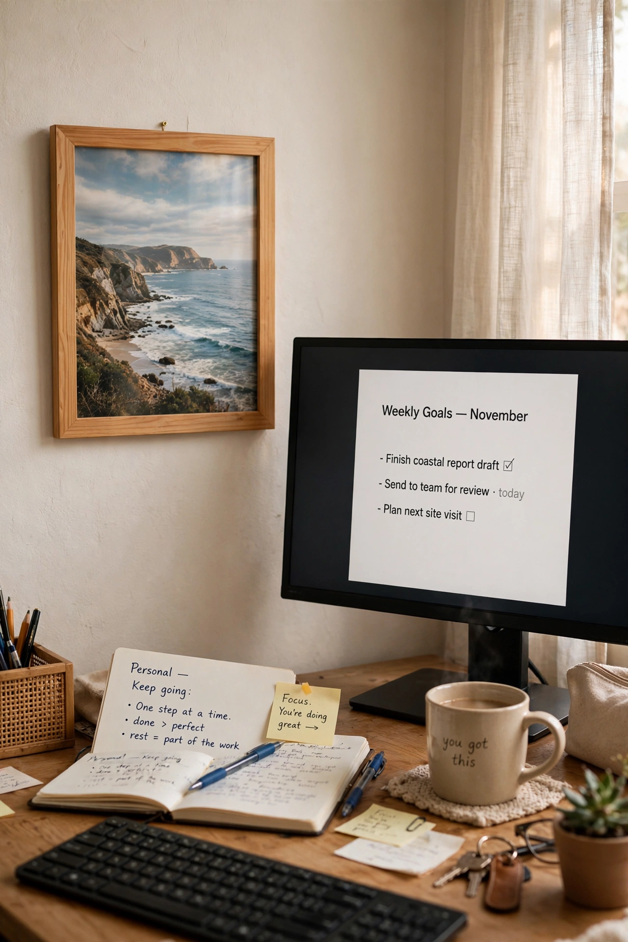 Framed coastline photo beside a computer monitor