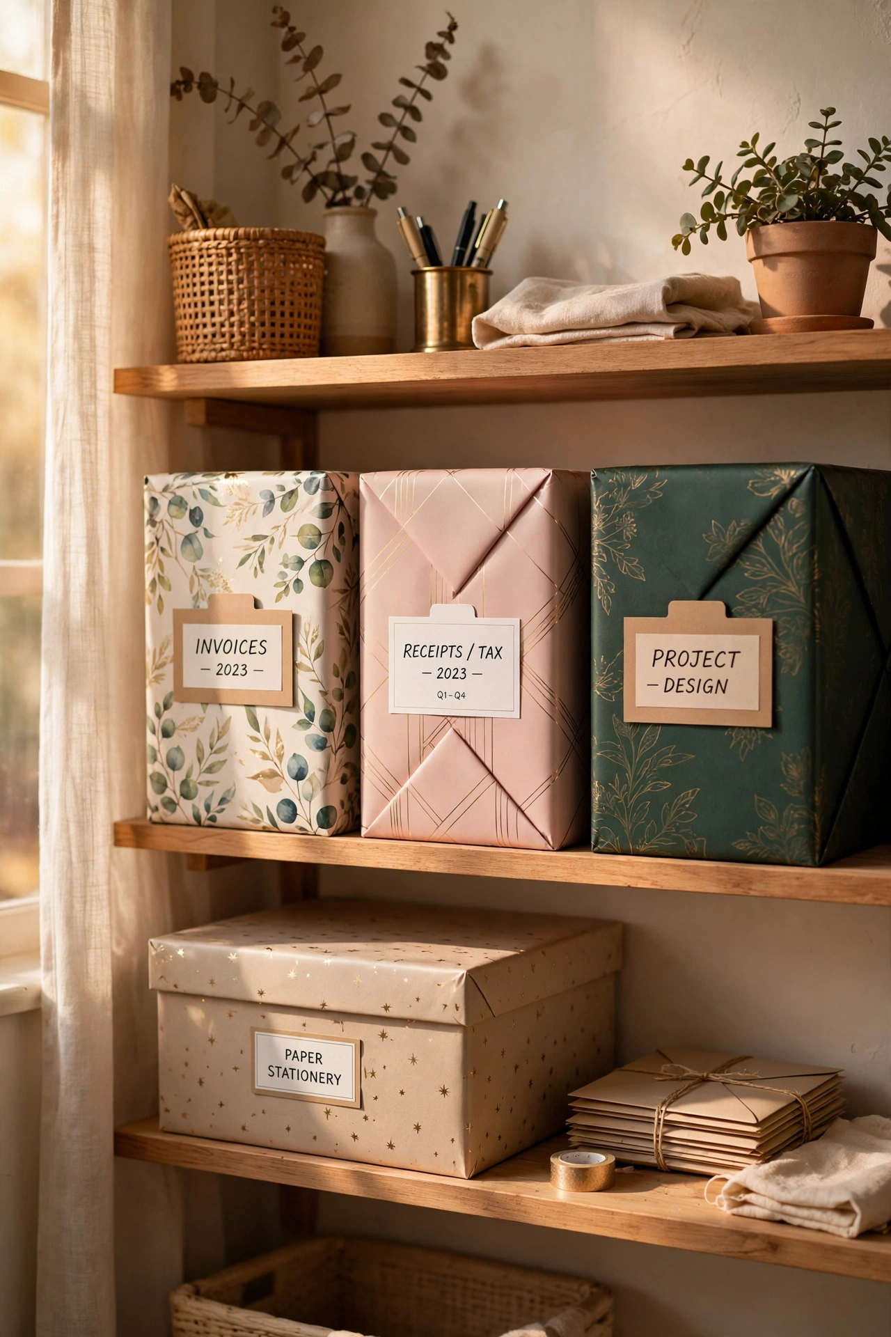 Cardboard file boxes covered in wrapping paper on a shelf