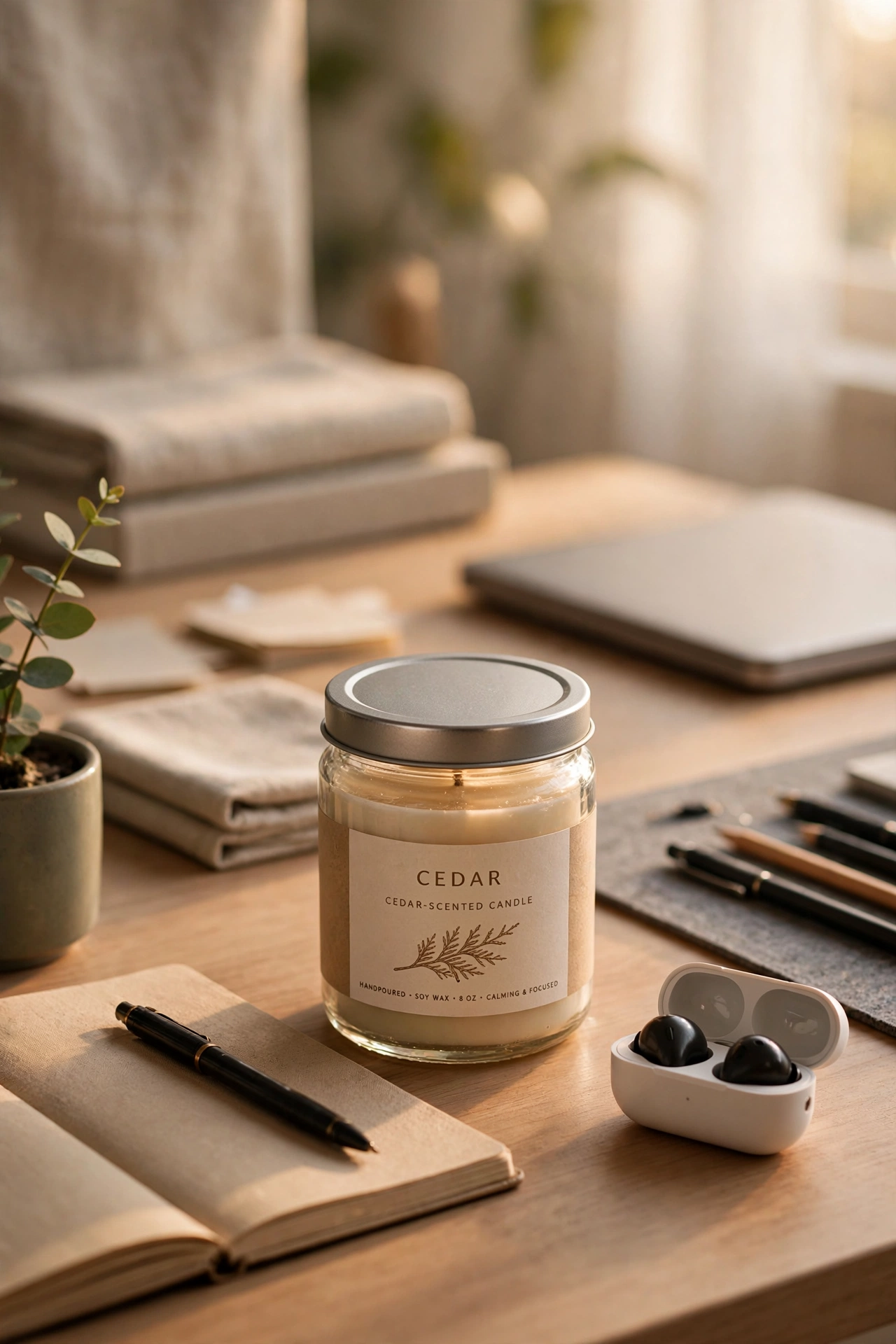 Cedar scented candle in a glass jar on a desk