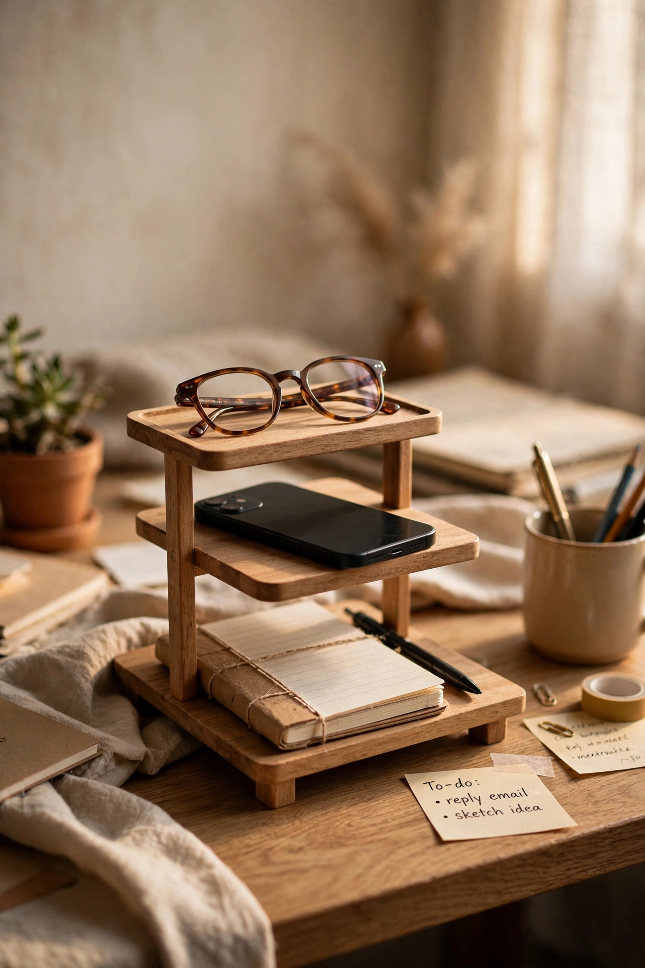 Tiered tray holding notebook phone and glasses on a desk