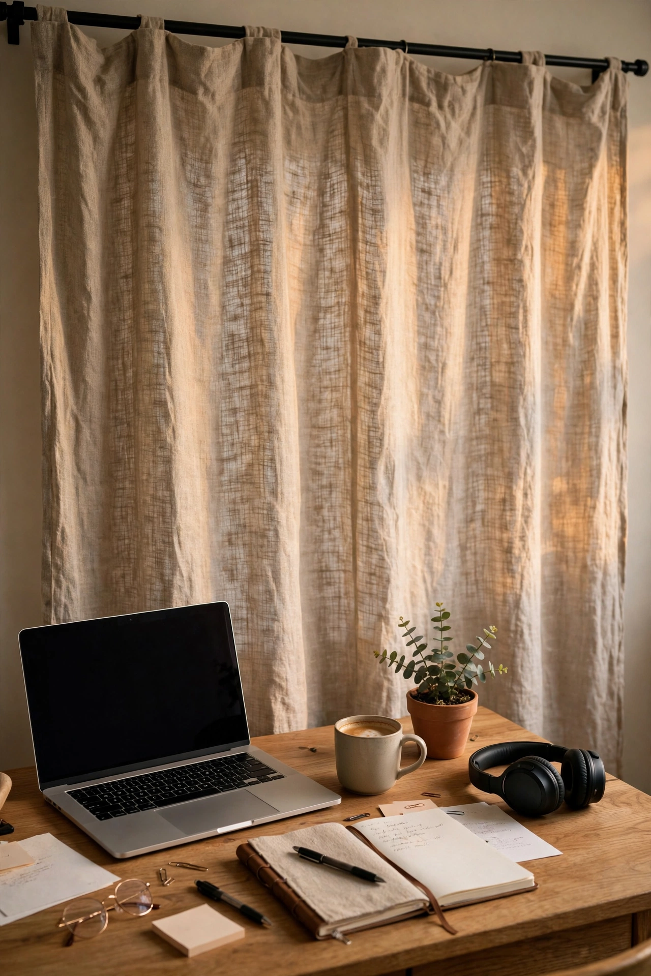 Linen curtain panel on a tension rod as a video background