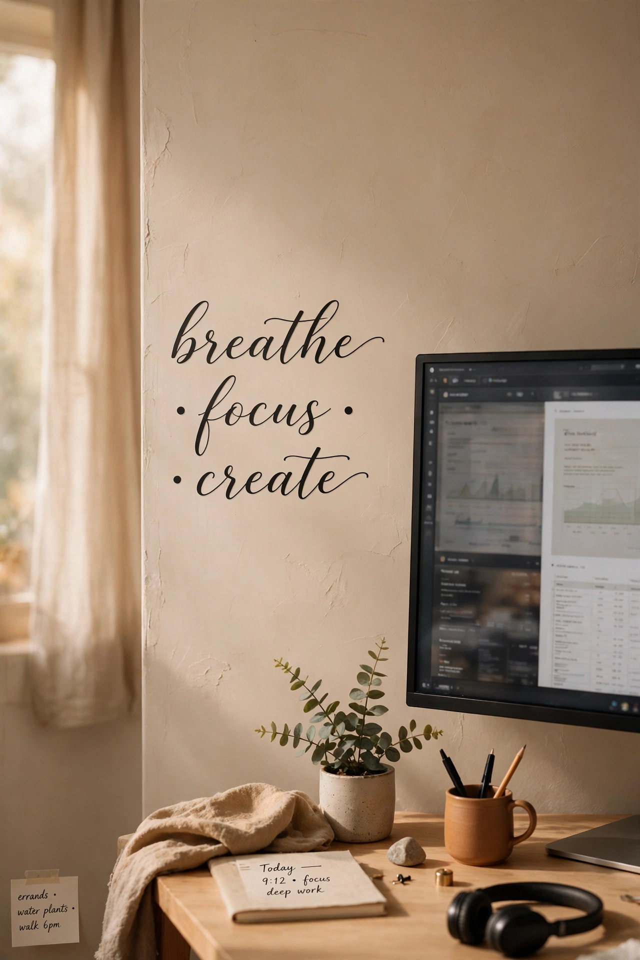 Elegant script wall decal beside a monitor