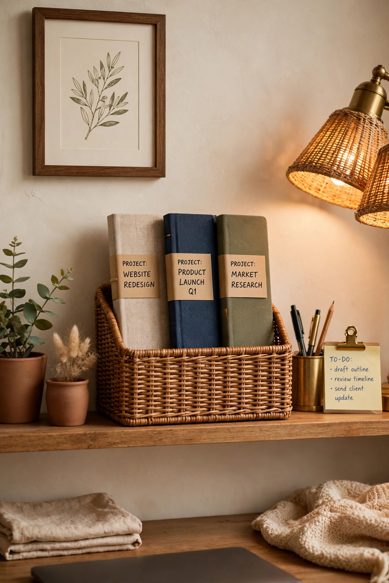 Woven magazine holder with labelled project notebooks