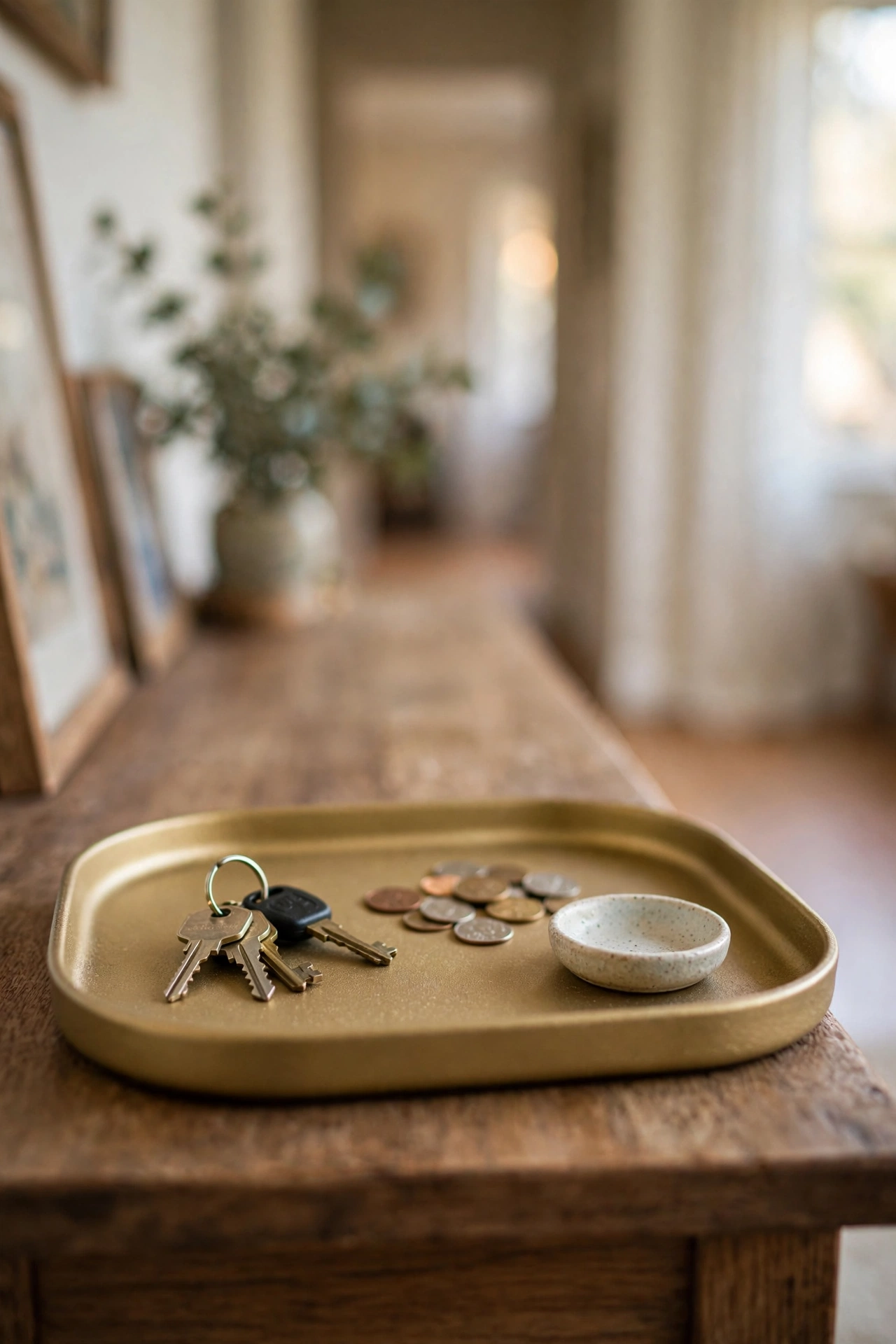 Matte gold spray-painted tray on a hallway console table holding keys and loose change, one of the easiest dollar store entryway finds