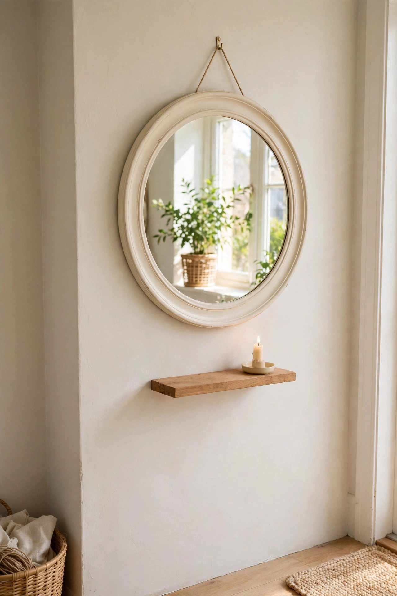 Round dollar store mirror with a hand-painted cream border frame hanging in a narrow entryway above a small shelf