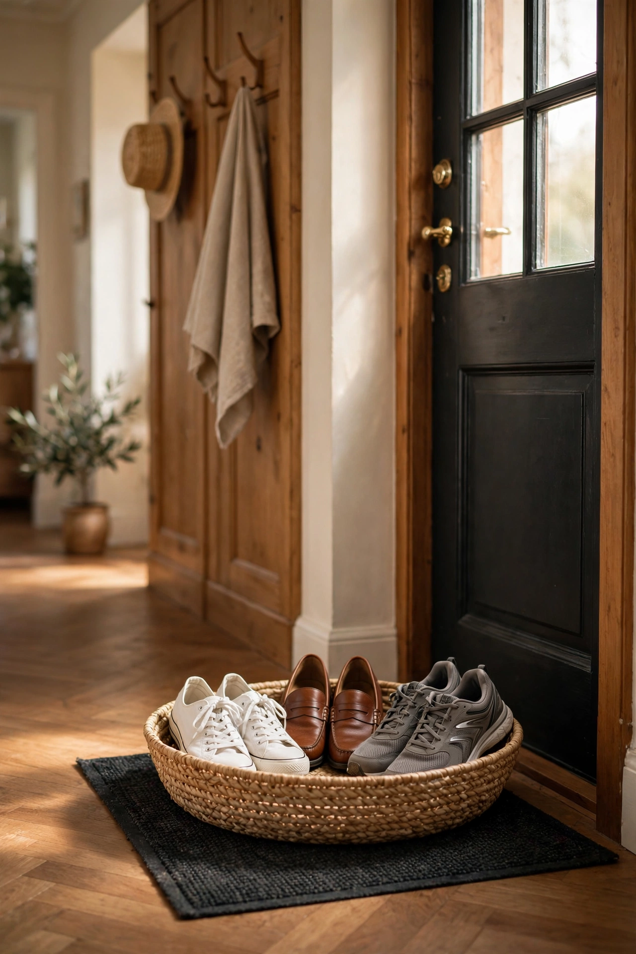 Woven-look dollar store basket holding three pairs of shoes by a front door, a simple dollar store entryway find for shoe clutter