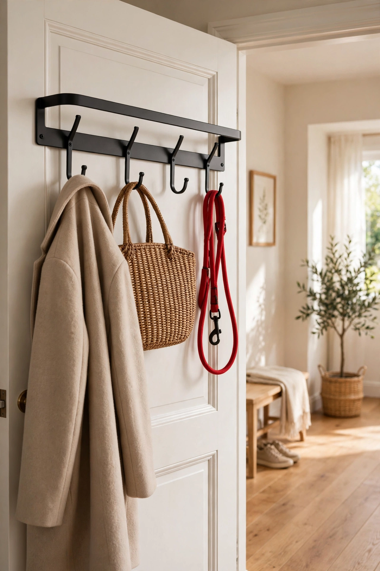 Metal over-the-door hook rack holding coats, a handbag and a dog lead inside a hallway cupboard door