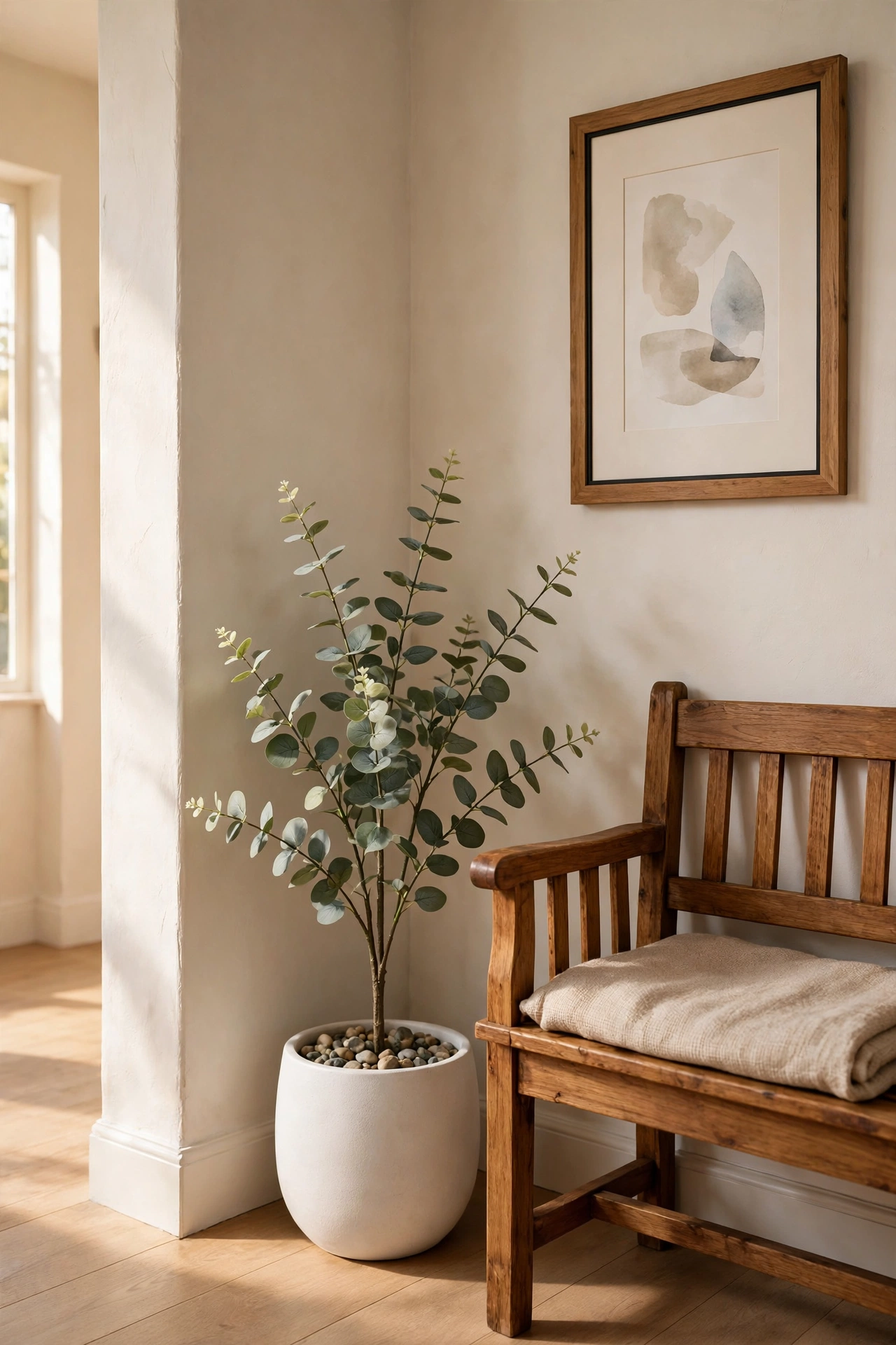 Faux eucalyptus plant in a matte white dollar store pot filling an empty entryway corner beside a bench