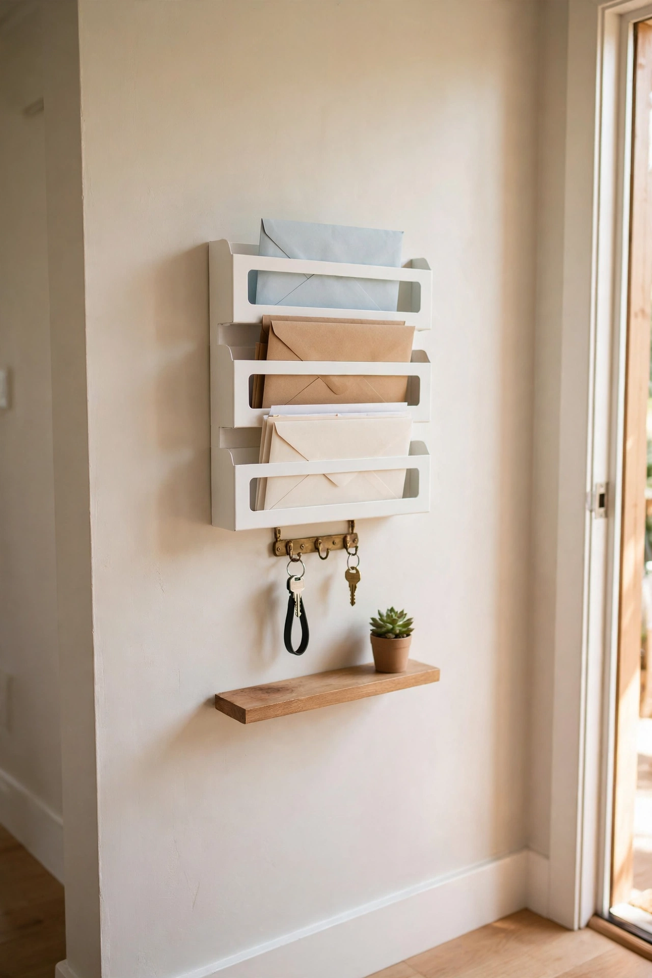 Three-slot white letter sorter mounted on a hallway wall with sorted mail, keys and a small plant