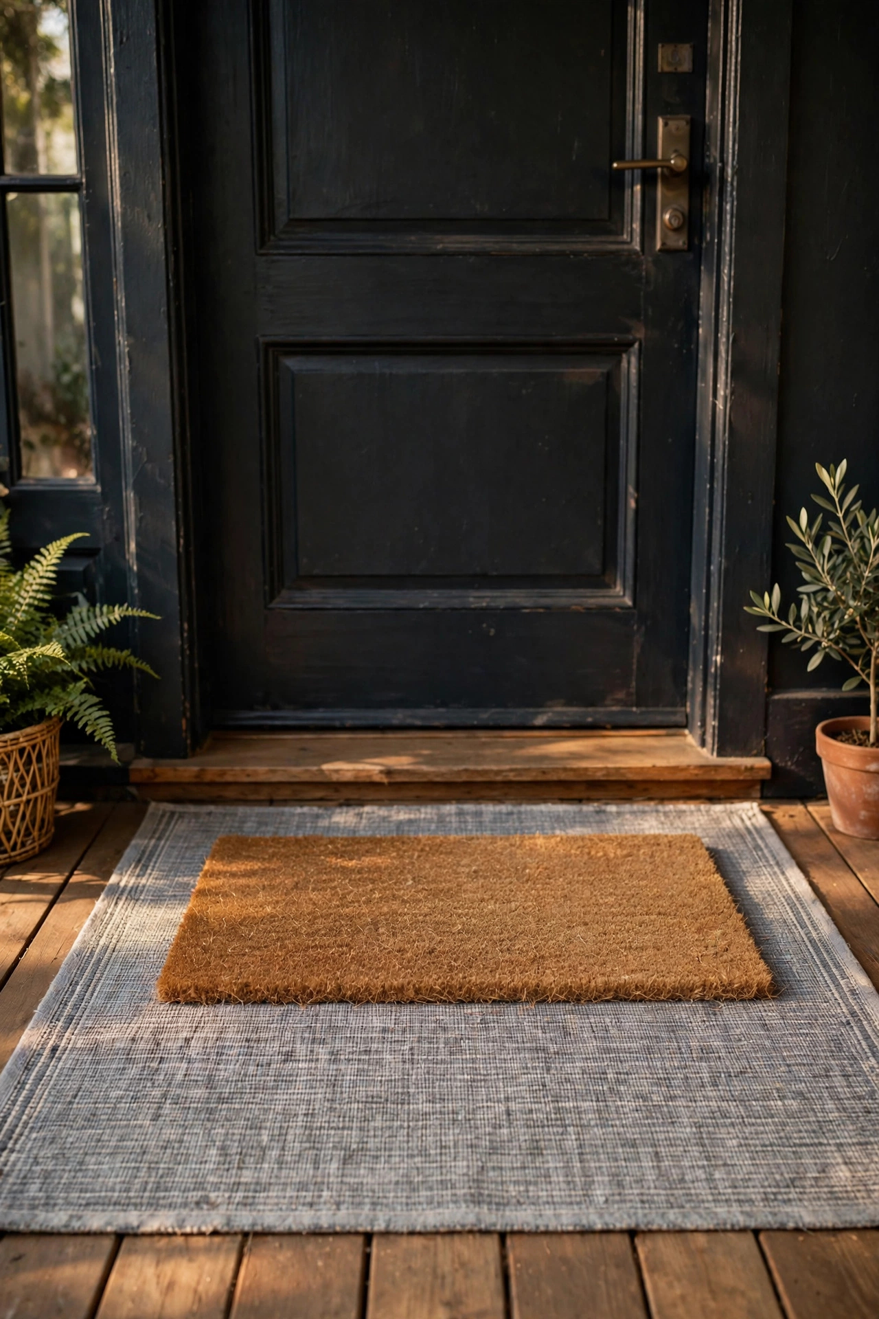 Layered entryway doormat look with a small coir mat centred on a larger grey runner in front of a front door