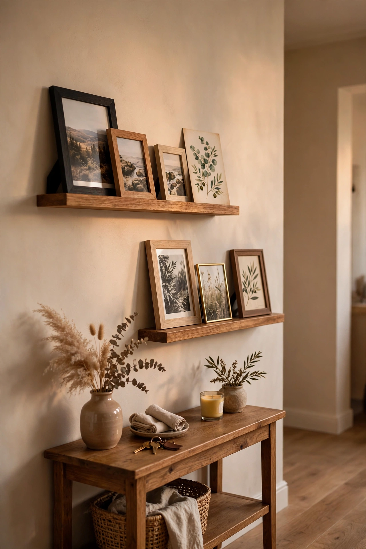 Two staggered wooden picture ledges in a hallway displaying leaning photo frames and postcards