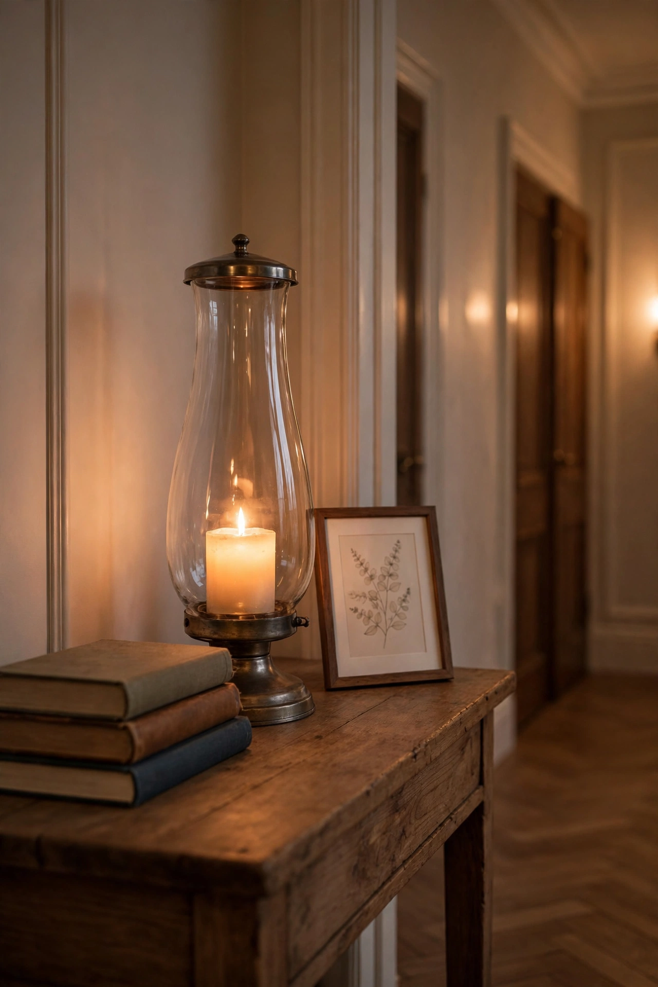 Glass hurricane lantern with a glowing flameless candle on an entryway console table beside stacked books