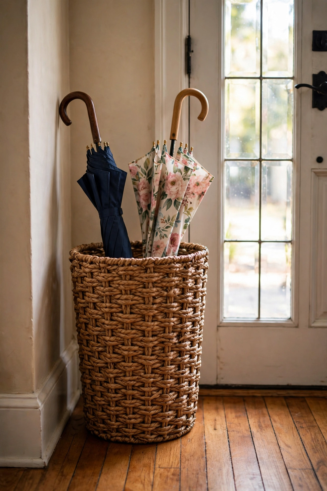 Textured dollar store wastebasket used as an umbrella stand holding two umbrellas inside a front door