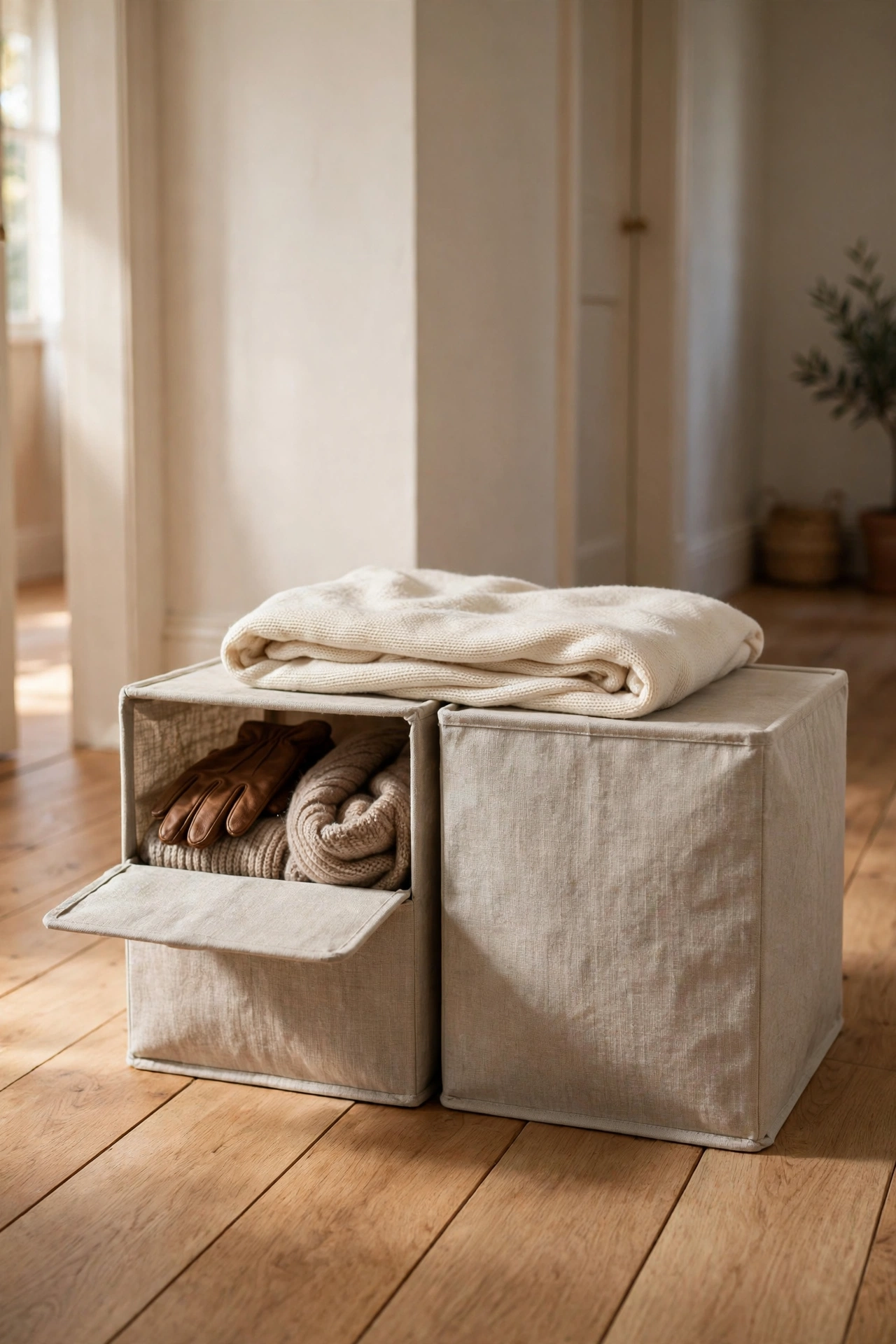 Two fabric storage cubes side by side as an entryway bench with a folded throw on top, gloves and hats stored inside