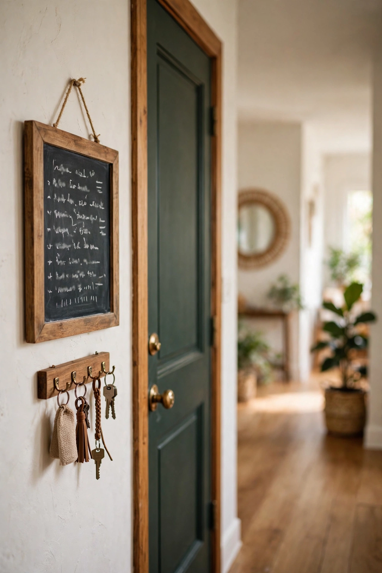Small framed chalkboard message board by a front door with a handwritten reminder in liquid chalk marker