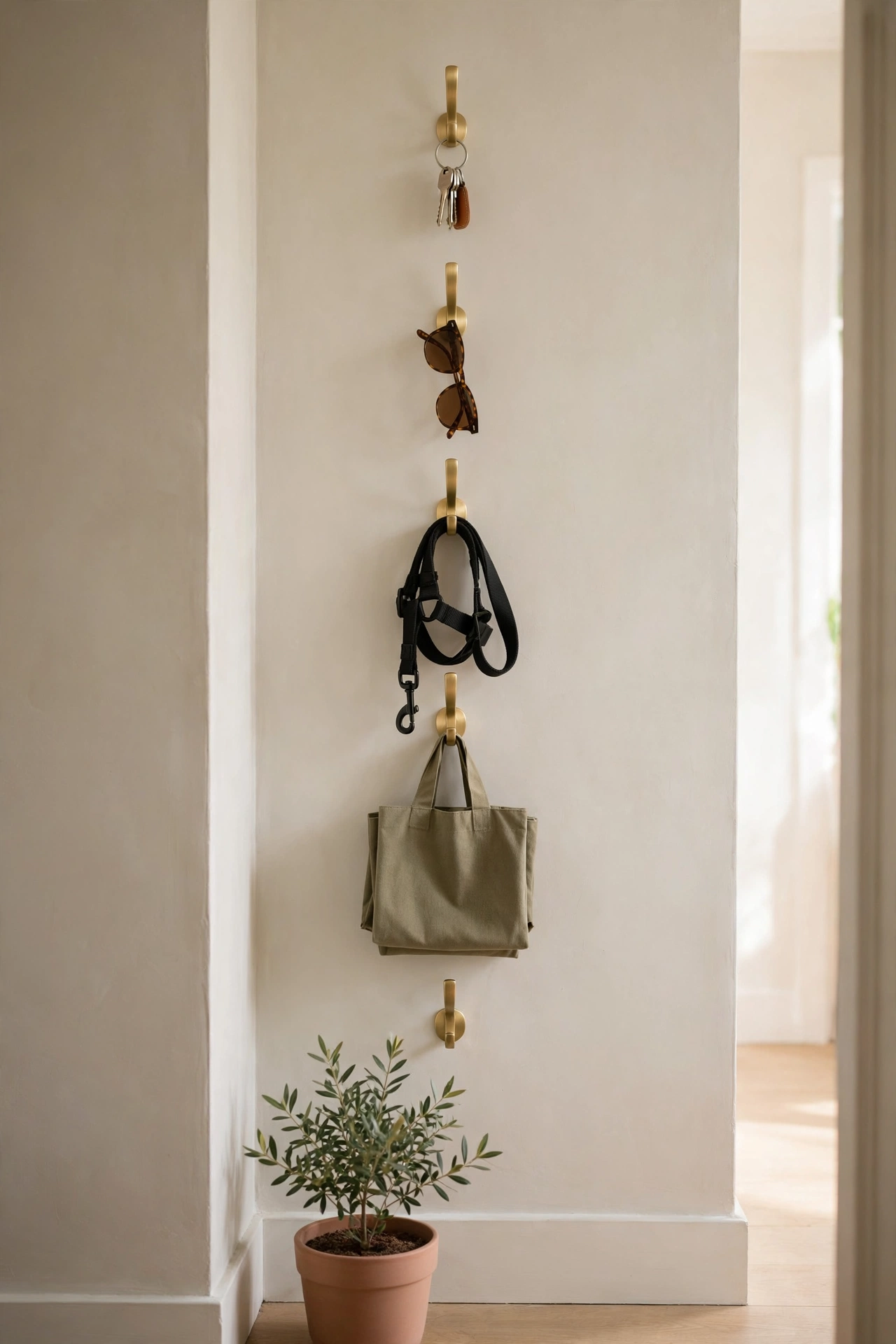 Neat row of brushed brass adhesive hooks on a hallway wall holding keys, sunglasses and a reusable bag