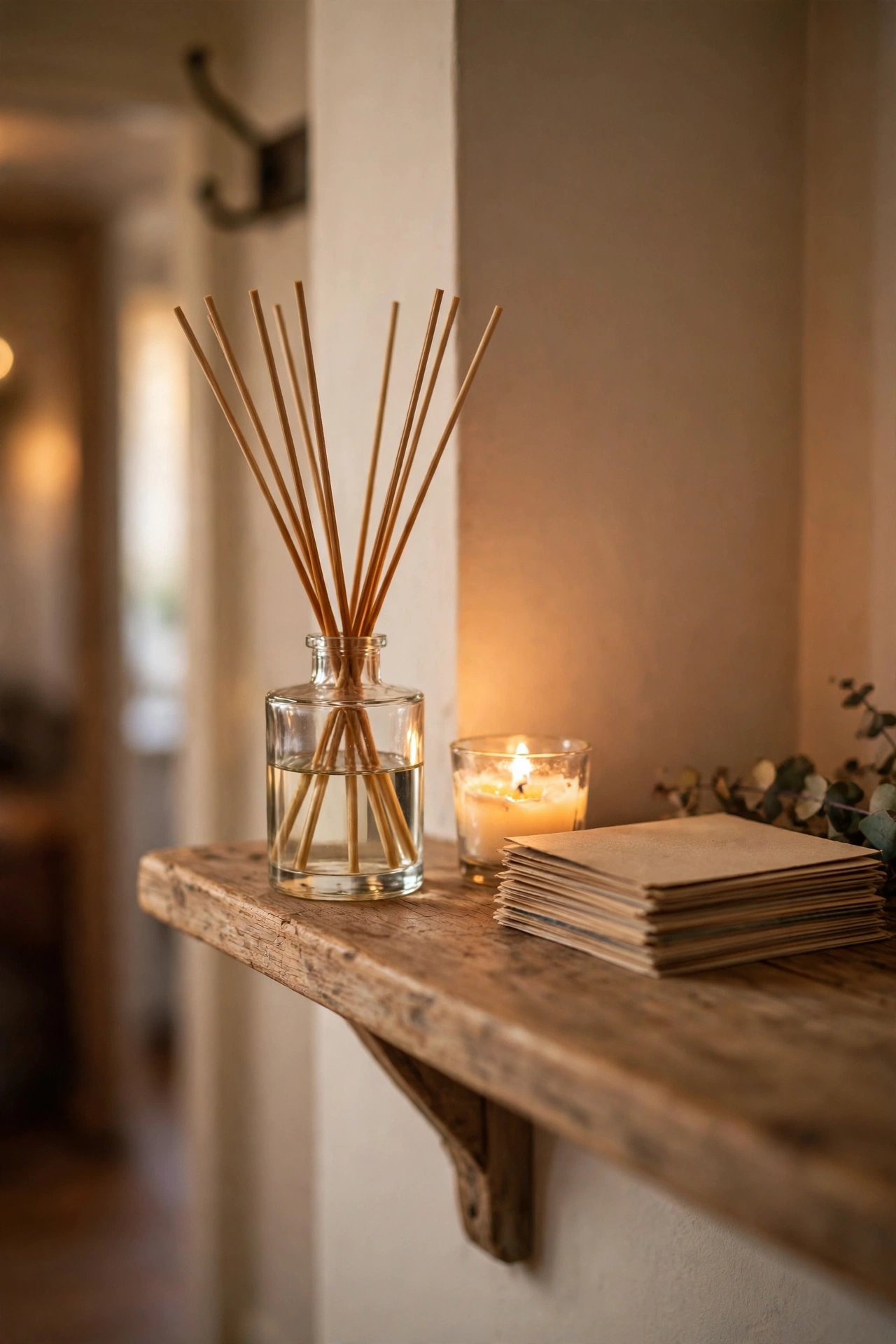 Glass reed diffuser with natural reeds on a hallway shelf beside a candle, adding scent to the entryway