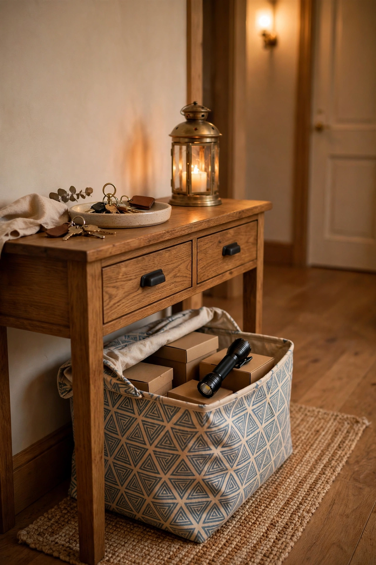 Patterned fabric storage bin tucked under a hallway console table, one of the smartest dollar store entryway finds for hidden storage