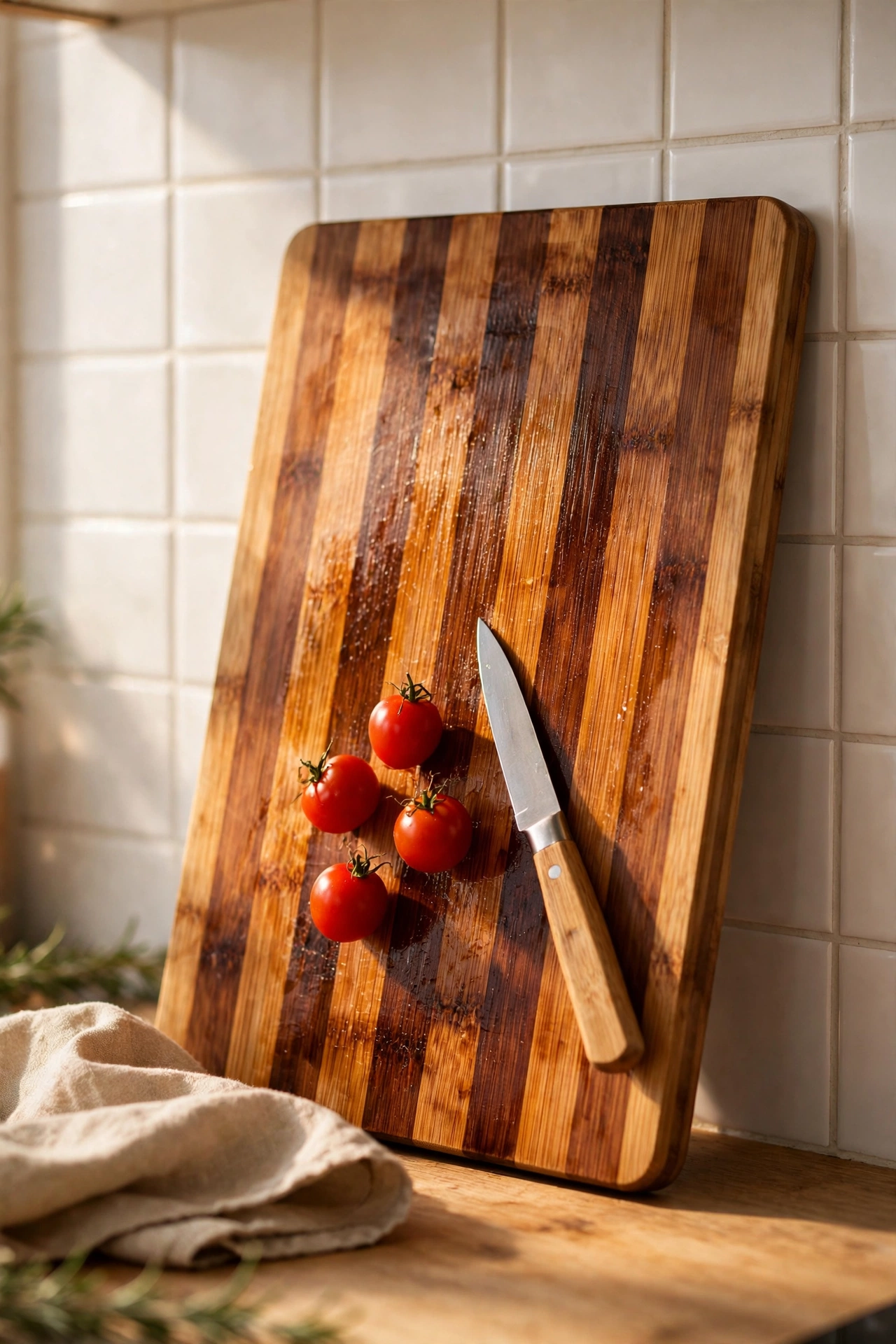 Bamboo cutting board with rich oiled grain leaning against a kitchen splashback beside tomatoes