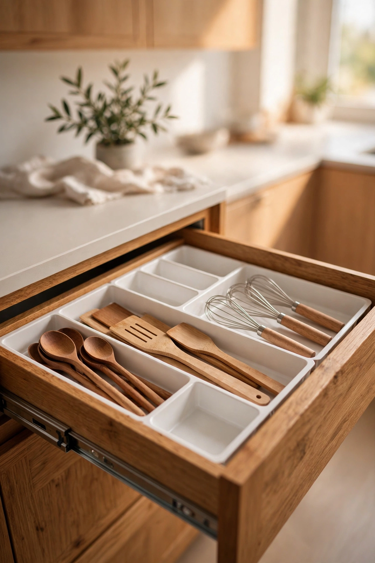 Open kitchen drawer fitted with shallow white plastic organisers holding sorted cooking utensils