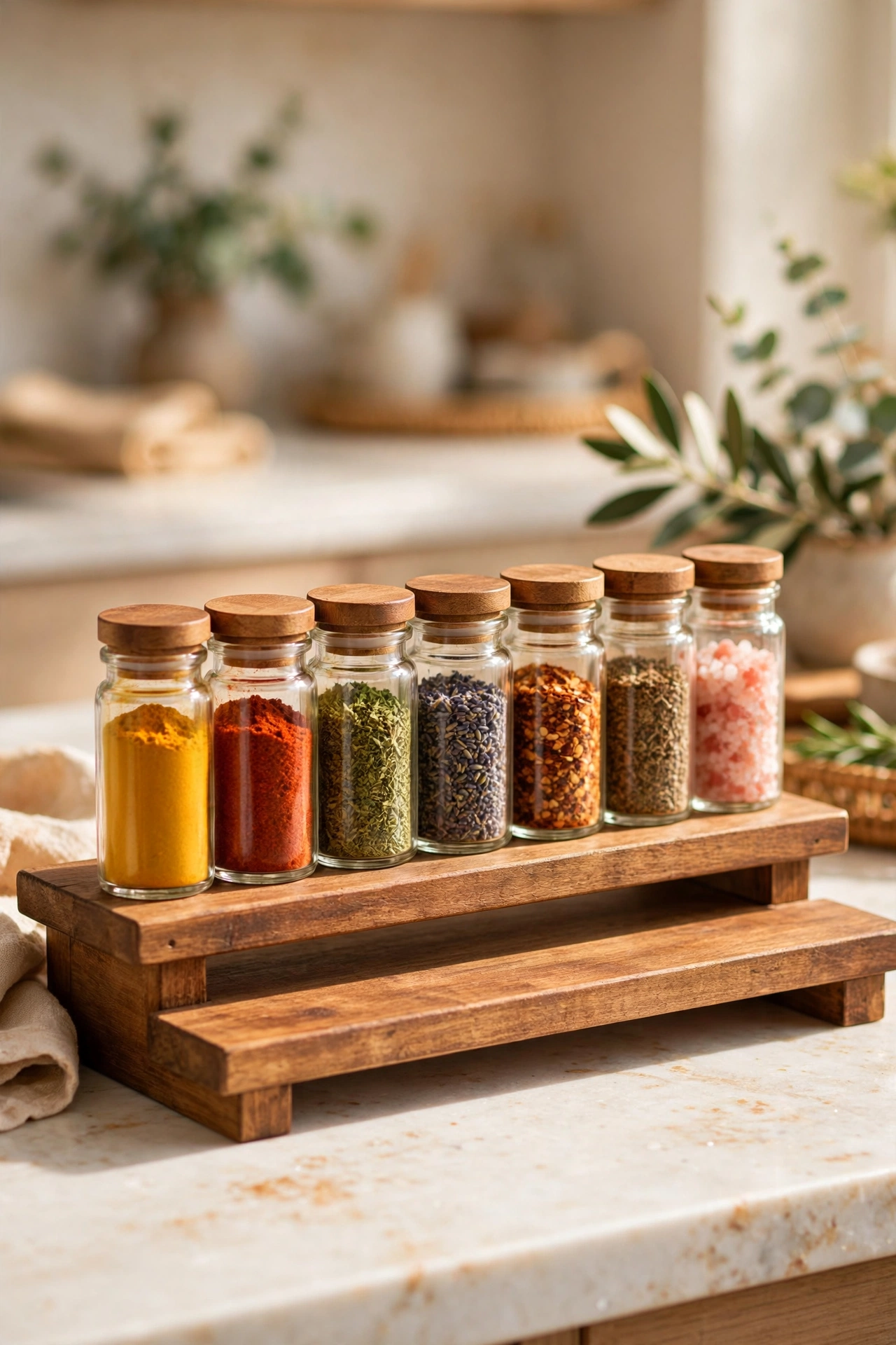 Row of uniform glass spice jars with matching lids and handwritten labels on a small tiered riser