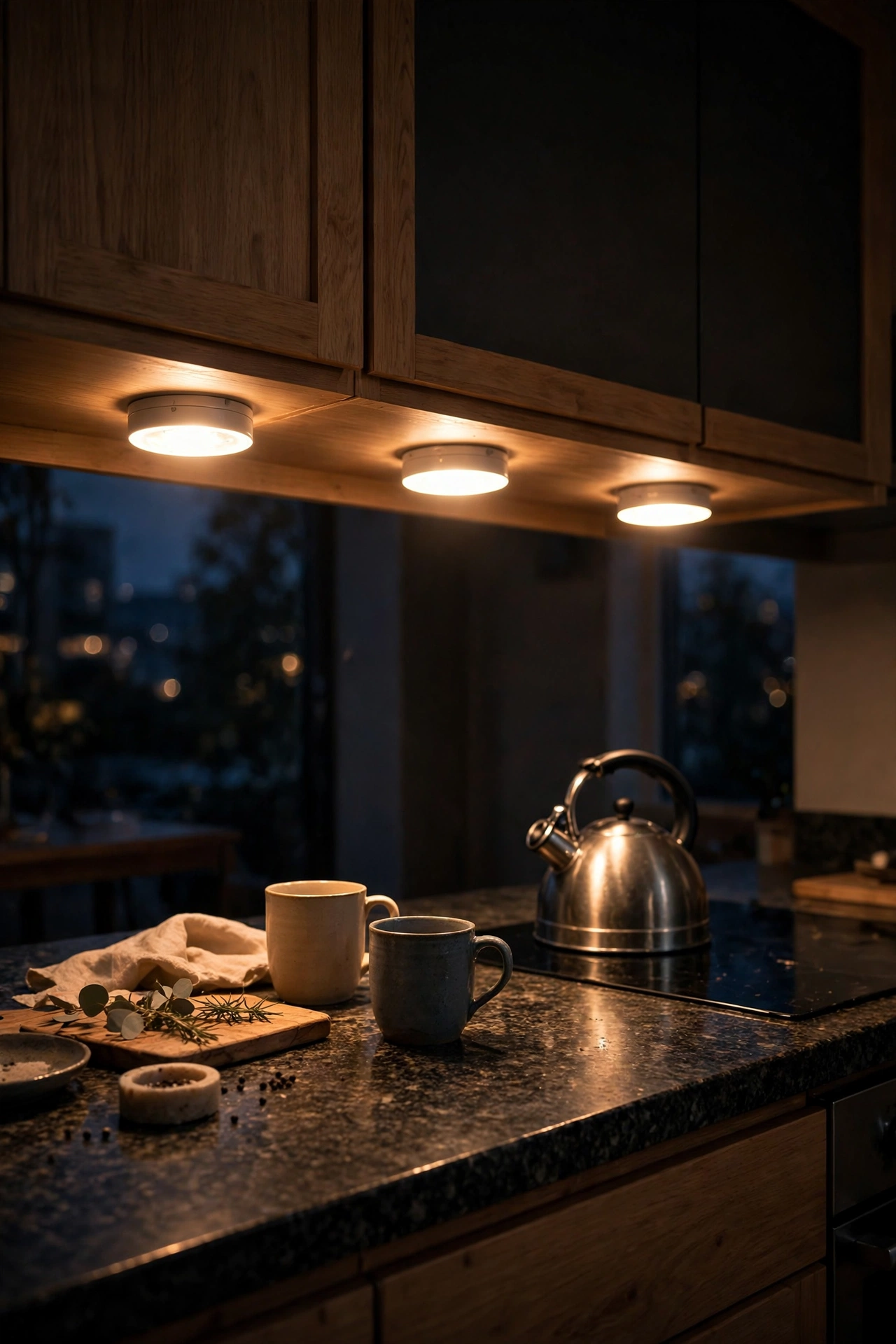 Warm white battery puck lights glowing under kitchen wall cabinets over a dark worktop at dusk