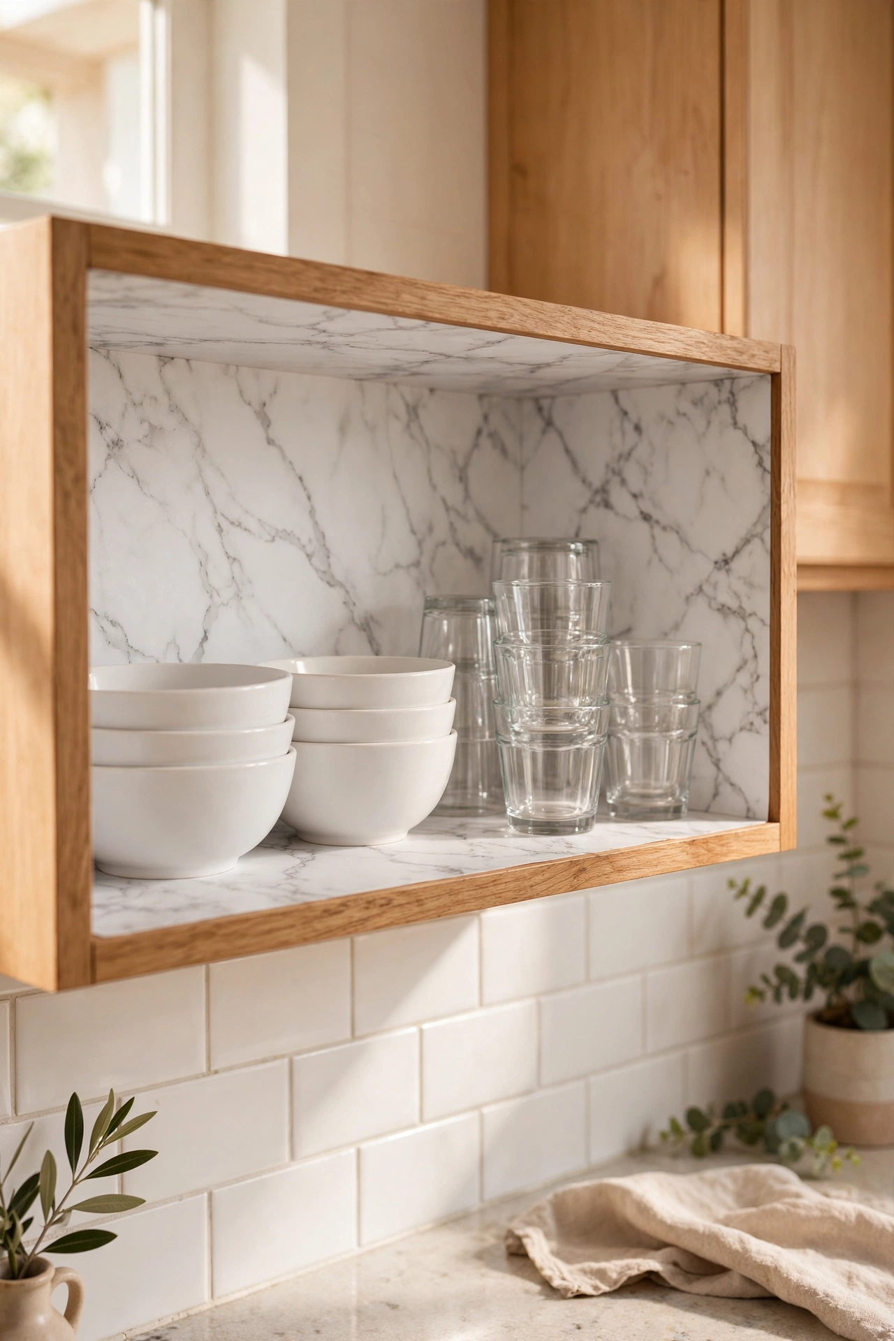 Open kitchen shelf lined with marble-print contact paper holding white dishes and glasses