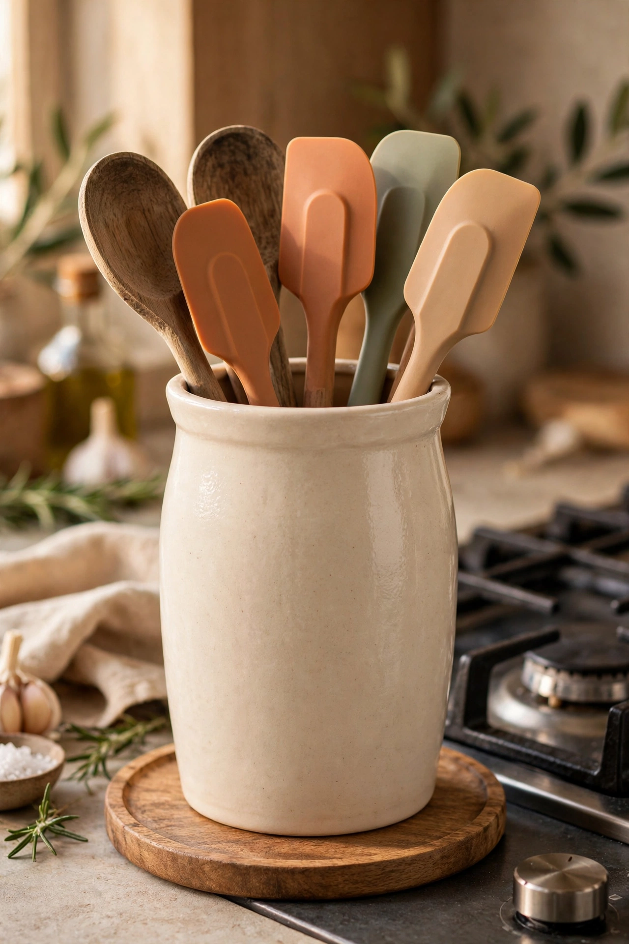 Tall ceramic-look utensil crock filled with wooden spoons on a round tray beside a hob