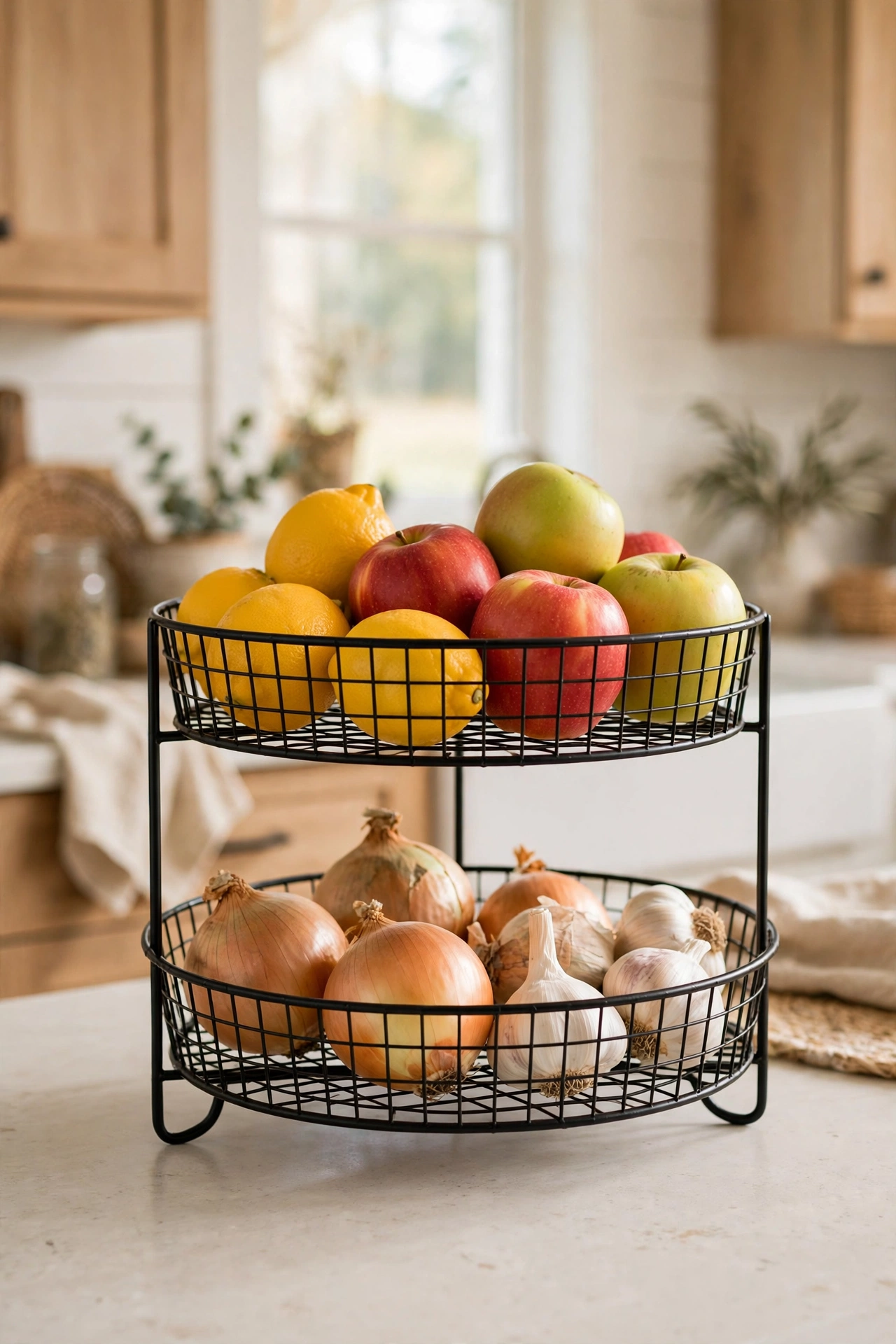 Two-tier wire stand on a kitchen worktop holding apples, lemons, onions and garlic bulbs